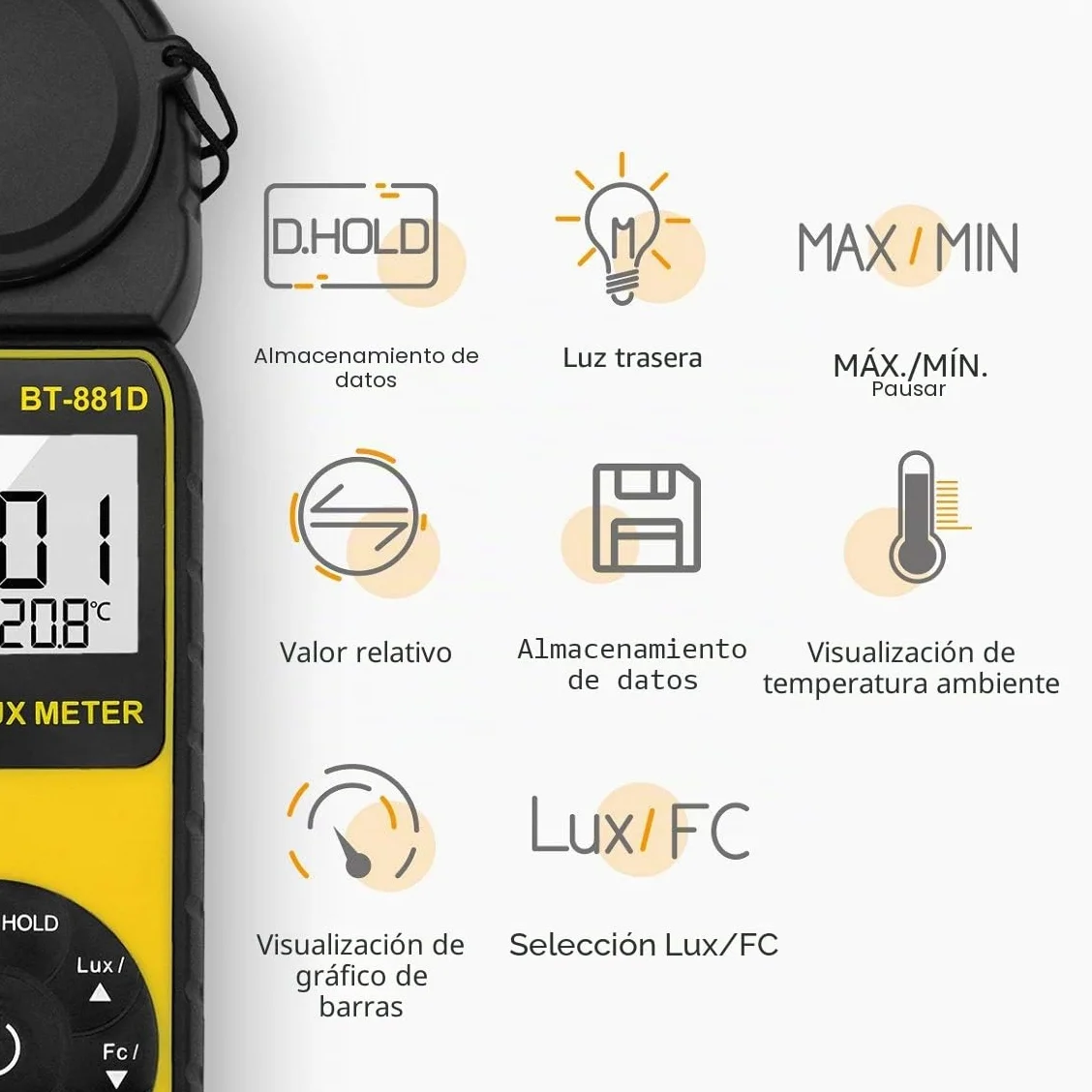 BTMETER BT-881D Medidor de Luz Digital 0,01~400.000 Lux Sensor Giratorio 270º para Plantas LED