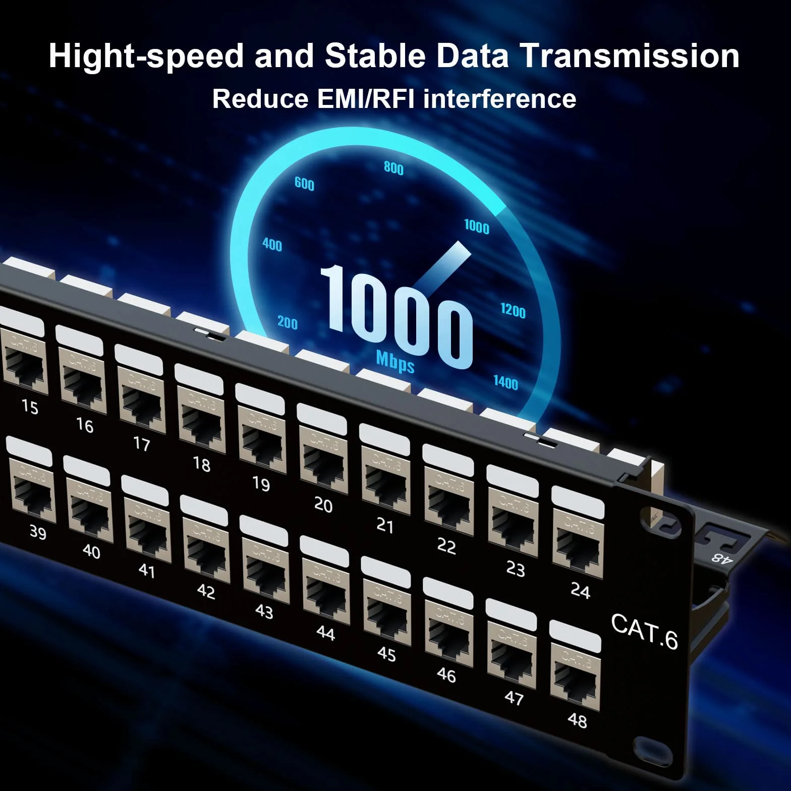 Panel de conexión de 48 puertos RJ45 Cat6 blindado STP de 19 pulgadas 10 Gbps 2U con barra trasera