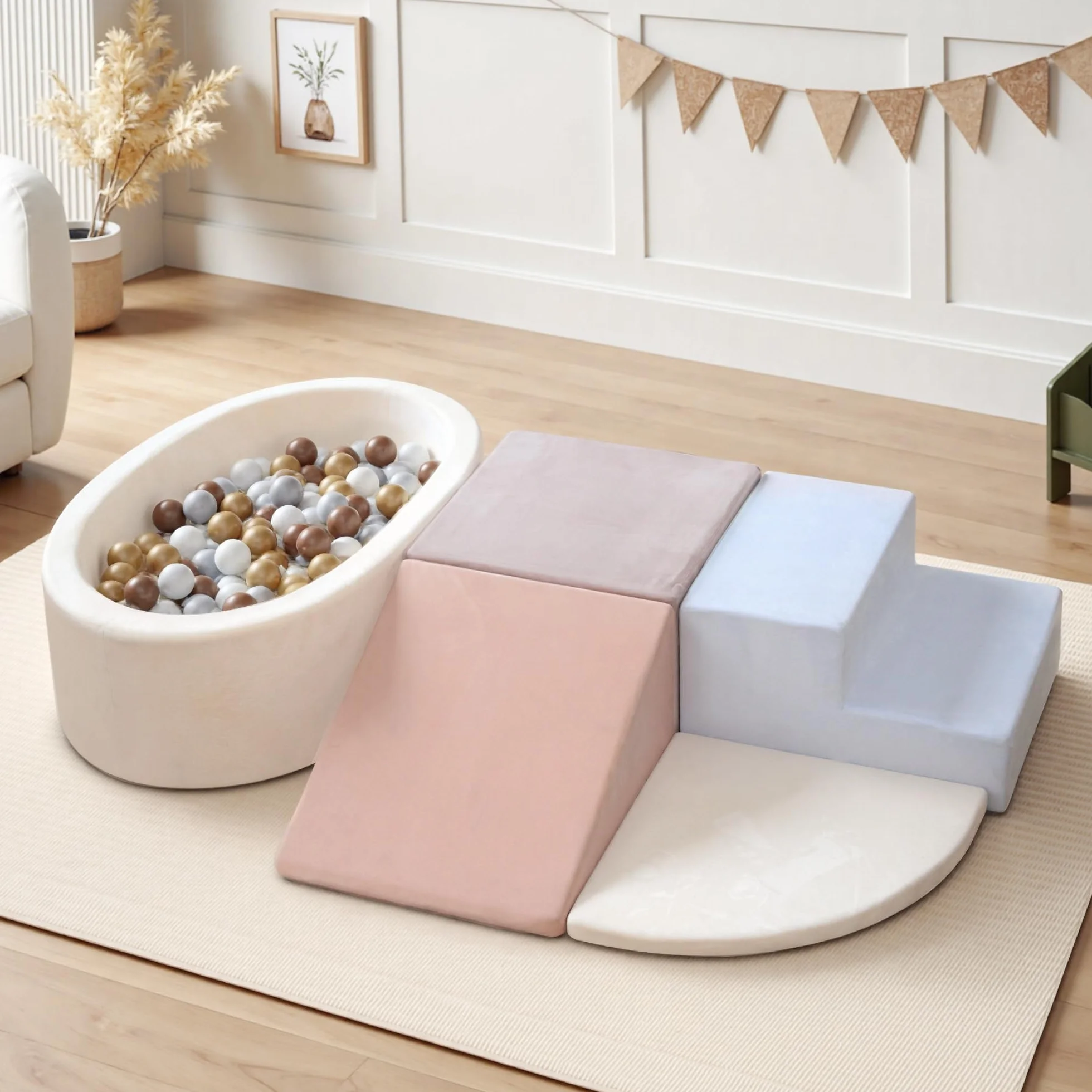BanaSuper Bloques de Espuma para Niños con Piscina de Bolas, Juguete Montessori, Gimnasio Interior para Bebés, Azul Rosa