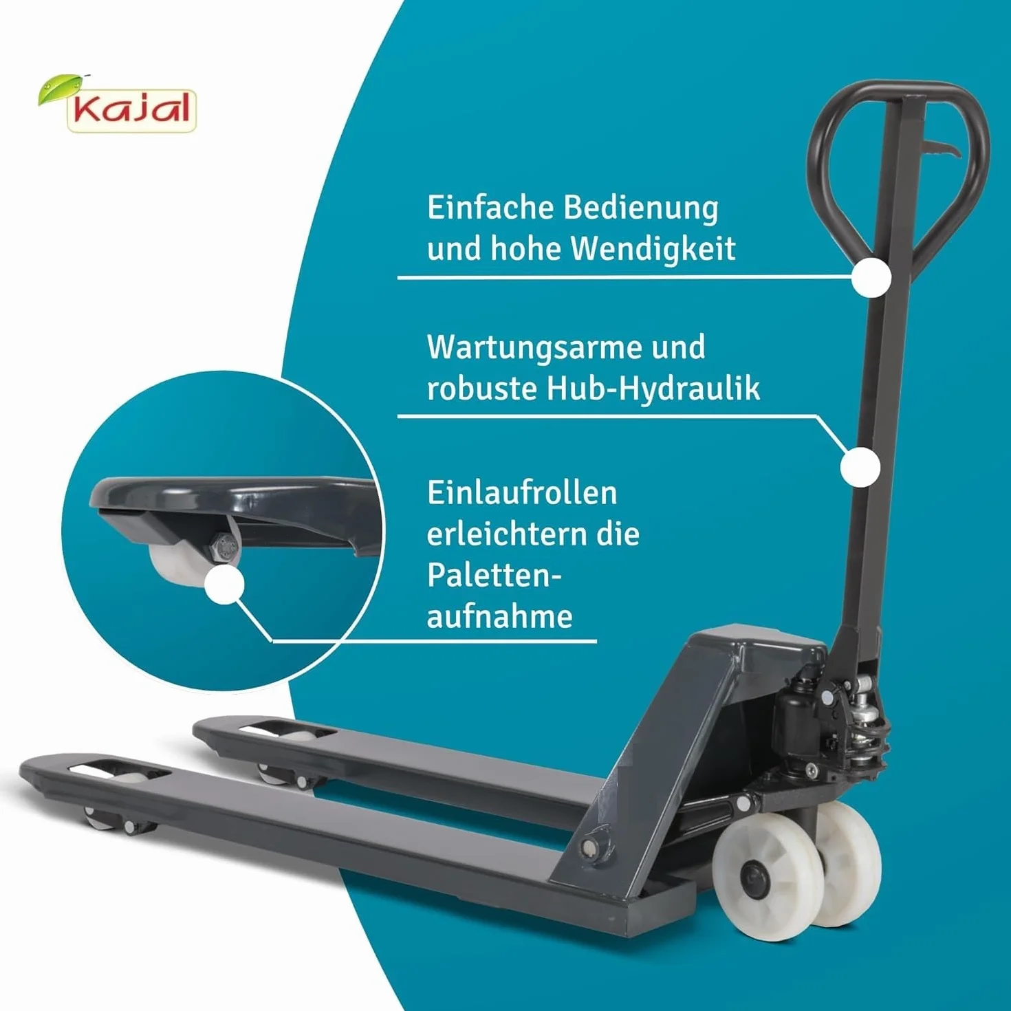 Kajal Sistema hidráulico 3000 kg – transpaleta de alto rendimiento, elevación manual con pedal de palanca, bomba reforzada, horquilla 1150 – 1220 mm