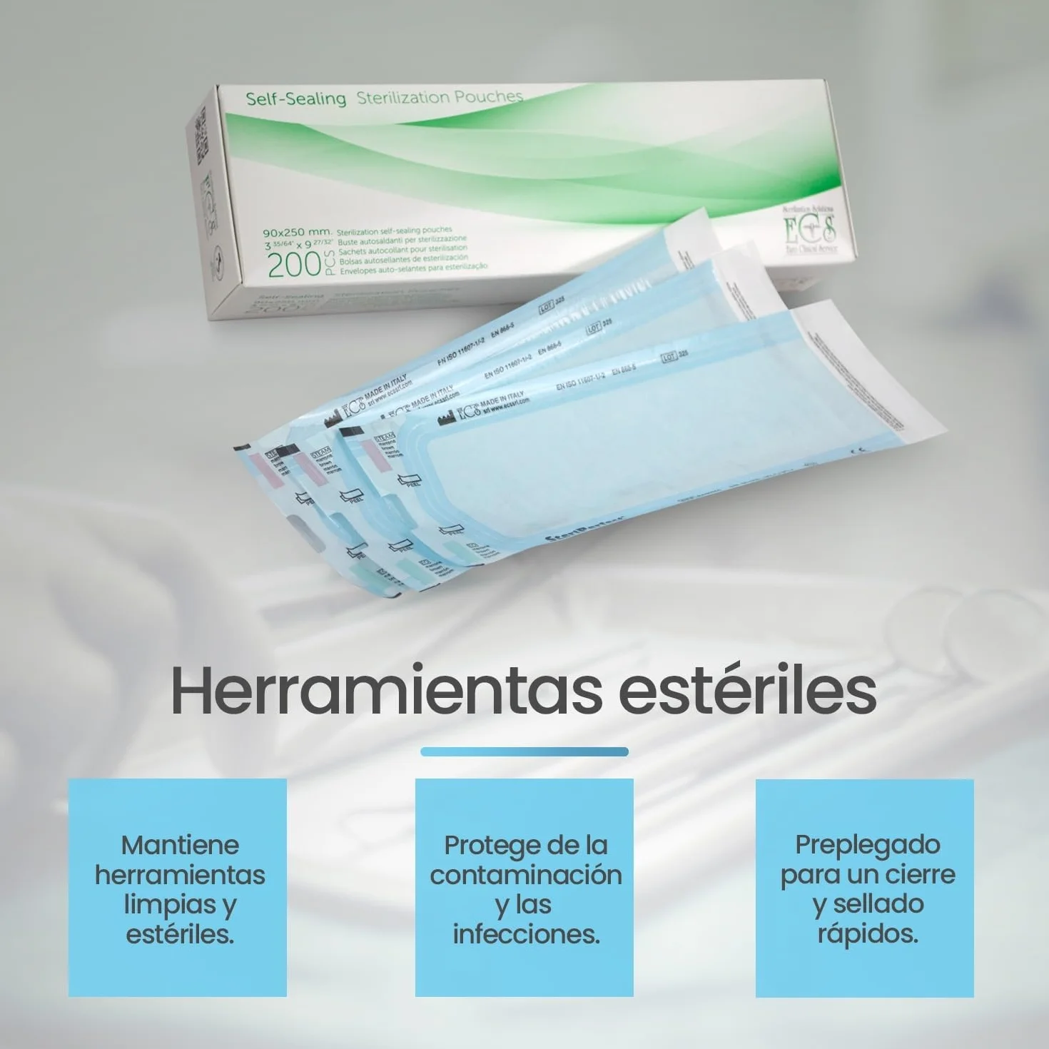 Bolsas de esterilizacion autoadhesivas 90x250mm PACK 200 para autoclave vapor dental manicura papel medico