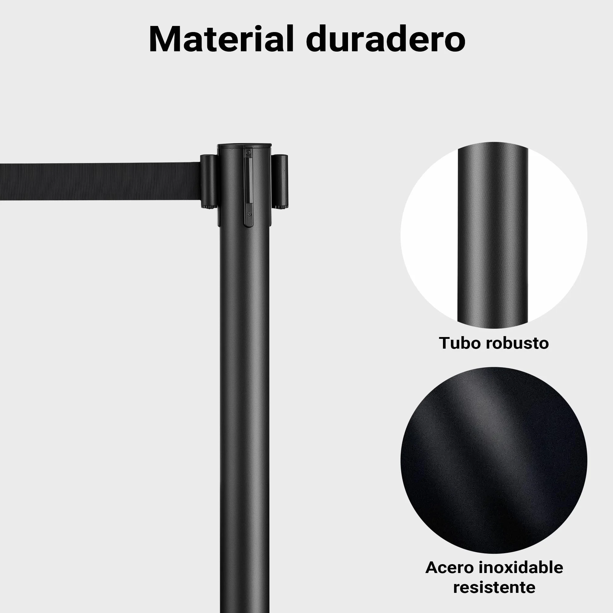 Wiltec Juego de 2 postes separadores con cinta retráctil 200 cm, acero inoxidable, negro