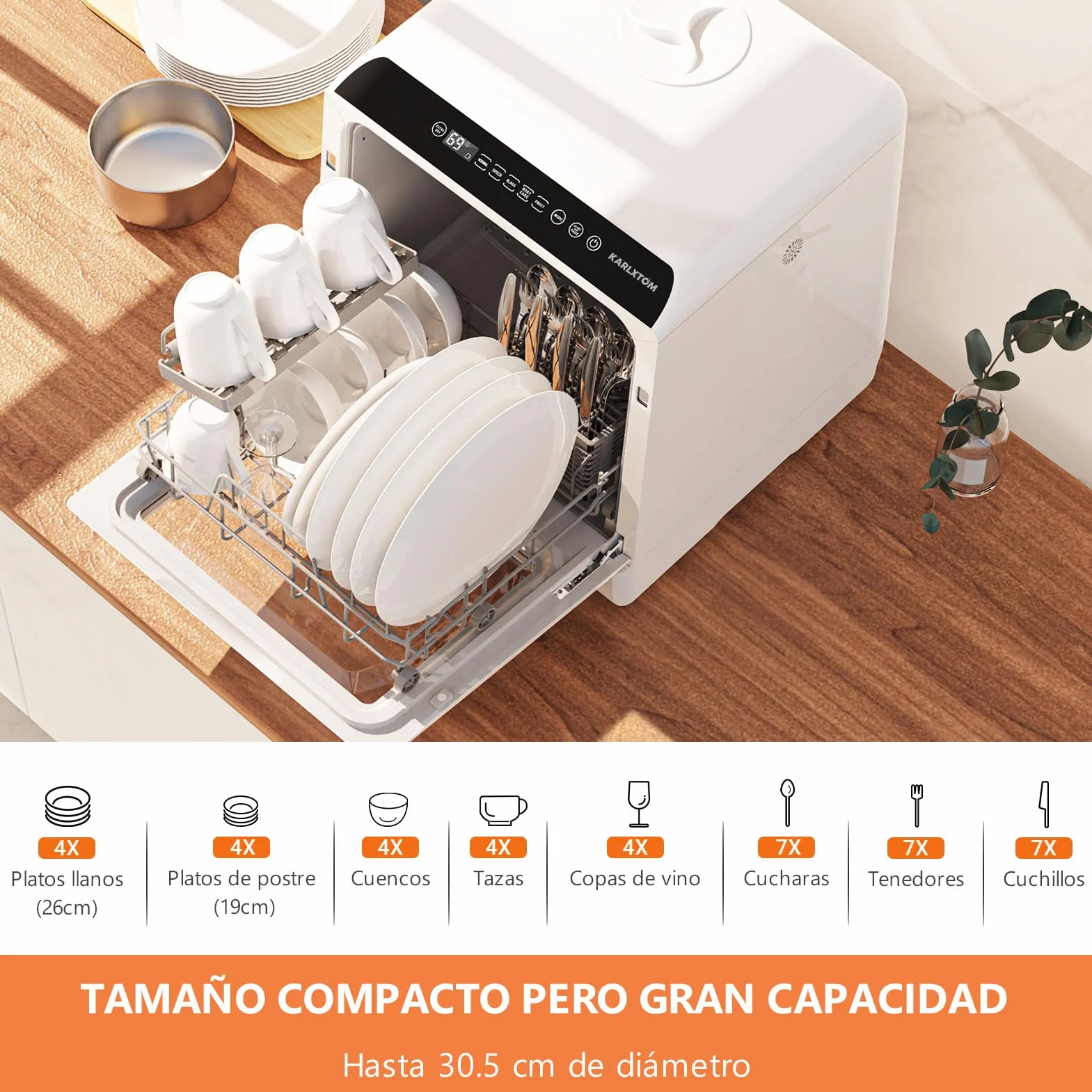 Karlxtom Lavavajillas de Encimera Mini Portátil 45 cm 6 Programas LED