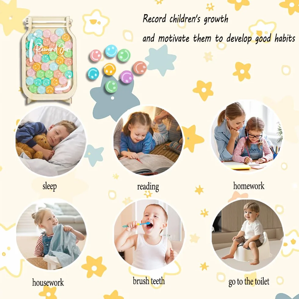 Tarro de recompensa cara sonriente con cuerda y soporte para colgar, tabla de comportamiento infantil