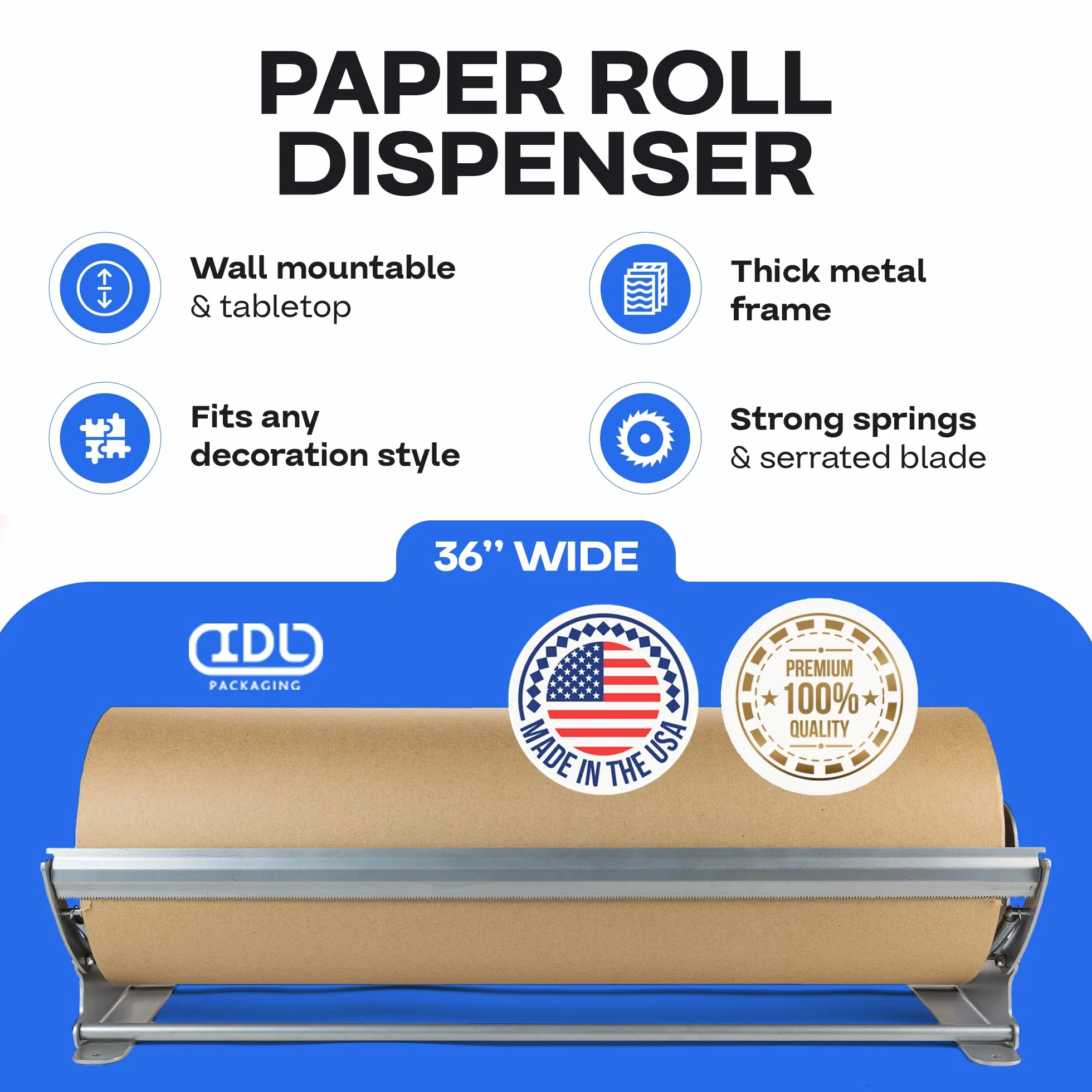 IDL Packaging Dispensador y Cortador de Rollos de Papel Kraft de 36 Pulgadas para Rollos de hasta 36 Pulgadas de Ancho y 9 Pulgadas de diámetro, Soporte de Papel de Acero Reforzado de Mesa con un