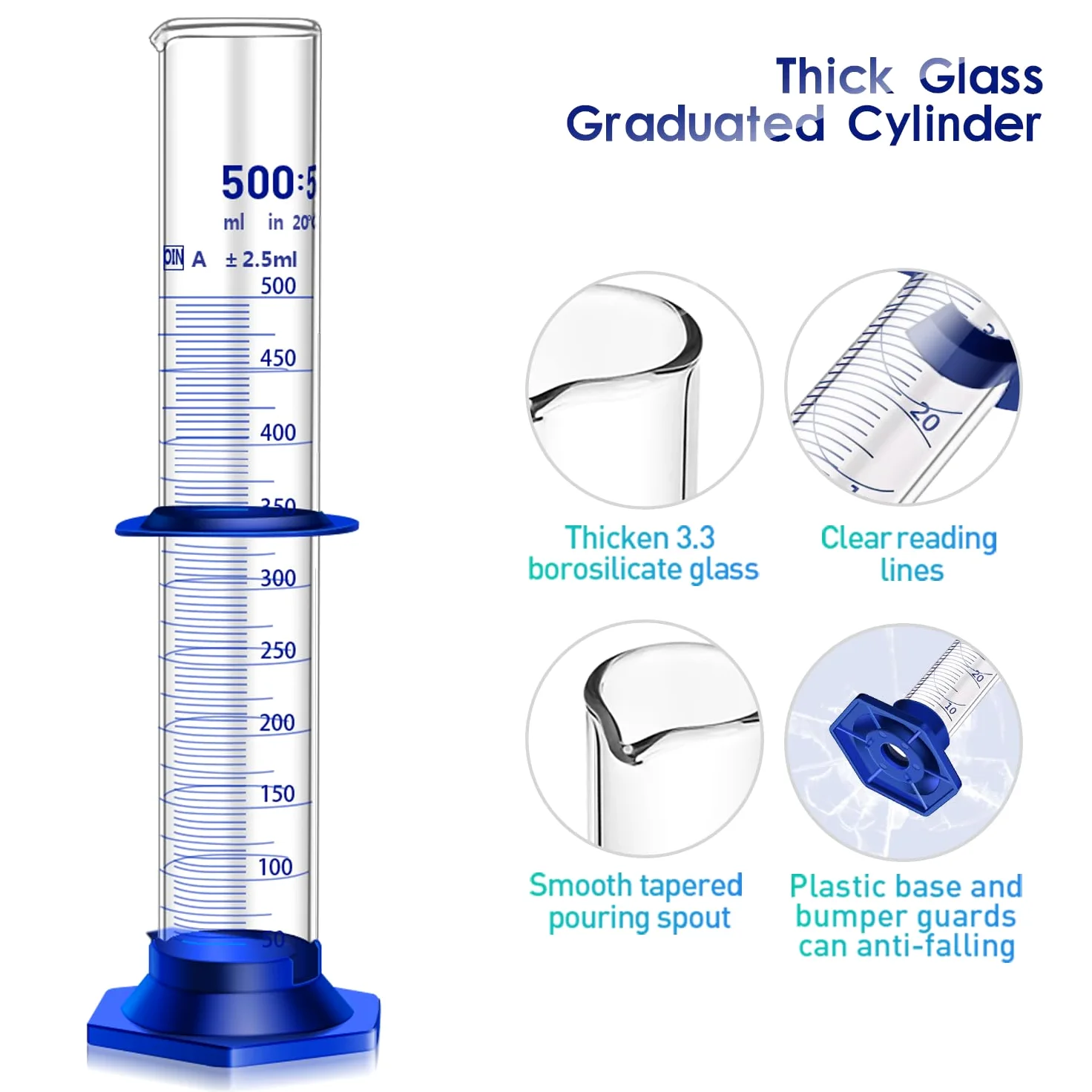 Cilindro graduado de cristal grueso con base de plástico antillamas y protectores de parachoques y cepillo cilíndrico