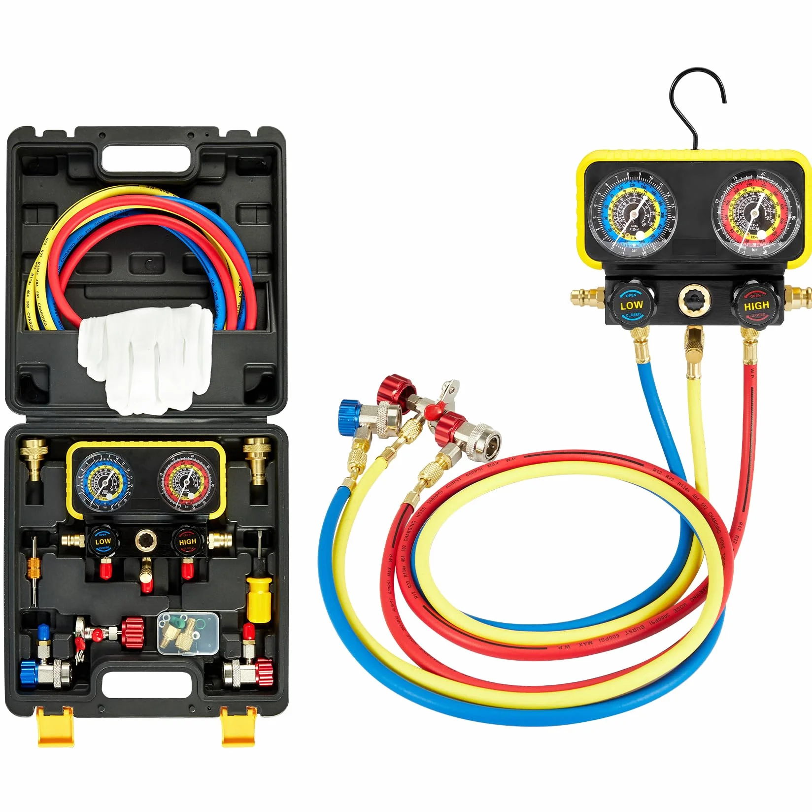 Pindex Puente manómetro 2 vías para refrigerante R1234YF R134A R404A, Manómetro Aire Acondicionado con 3 Mangueras de 1,5 M, para Recarga de Aire Acondicionado Coche