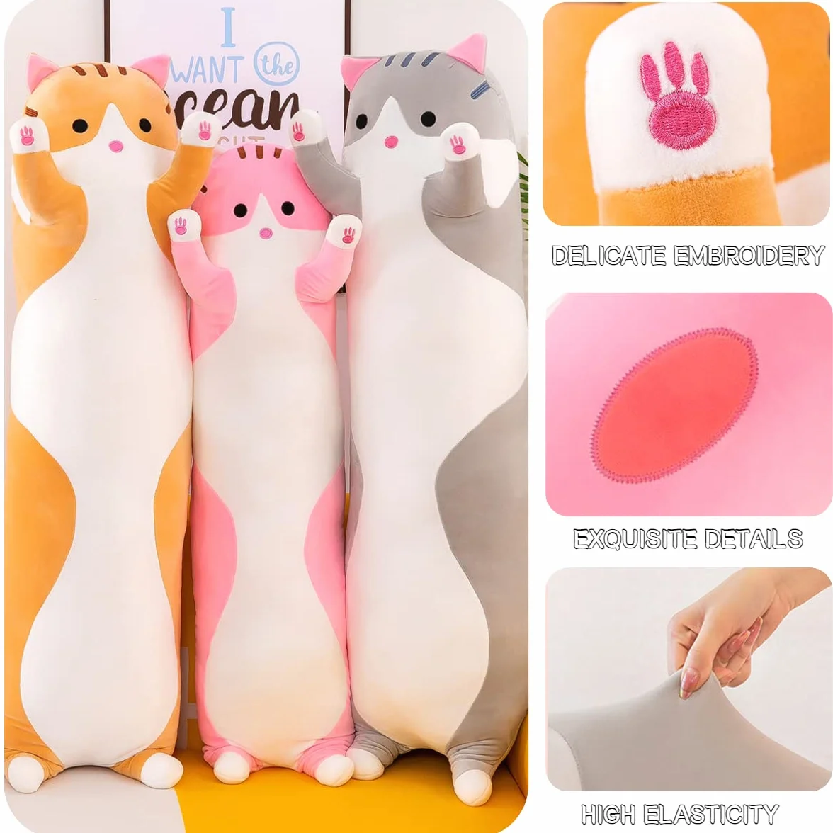 Almohada Gigante de Gato de Peluche con Dibujos para el Cuerpo del Gatito, Juguete para Niños y Novias (110cm, Gris)