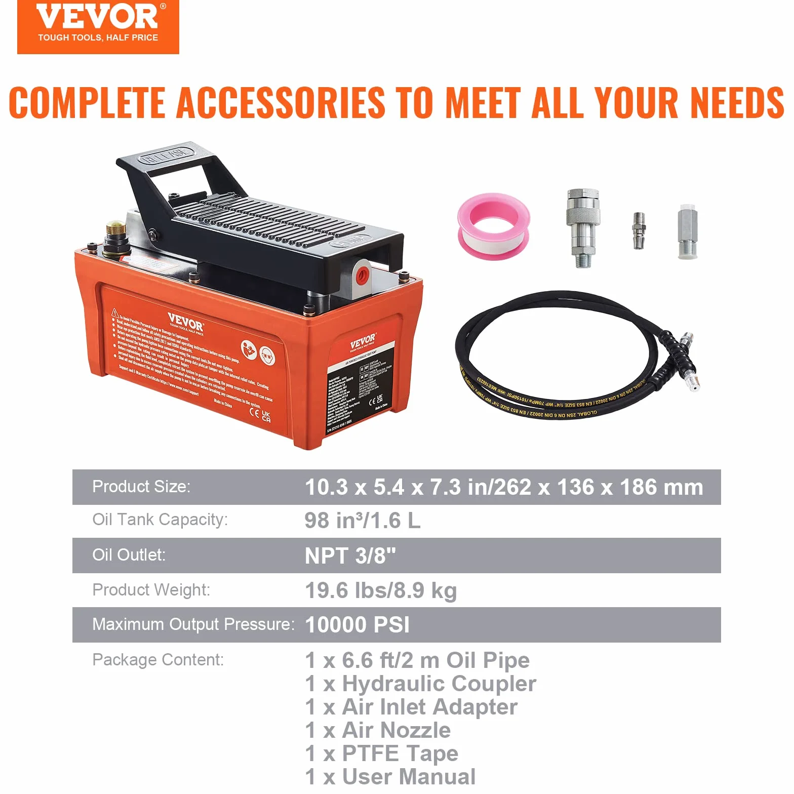 VEVOR Bomba de Aire Hidráulica 10.000 PSI Salida de Aceite NPT 3/8" Entrada de Aire NPT 1/4" Bomba Hidráulica de Pedal de Aire Tubo de Aceite de 2 m Bomba Hidráulica de Aire Accionada por Pie Naranja