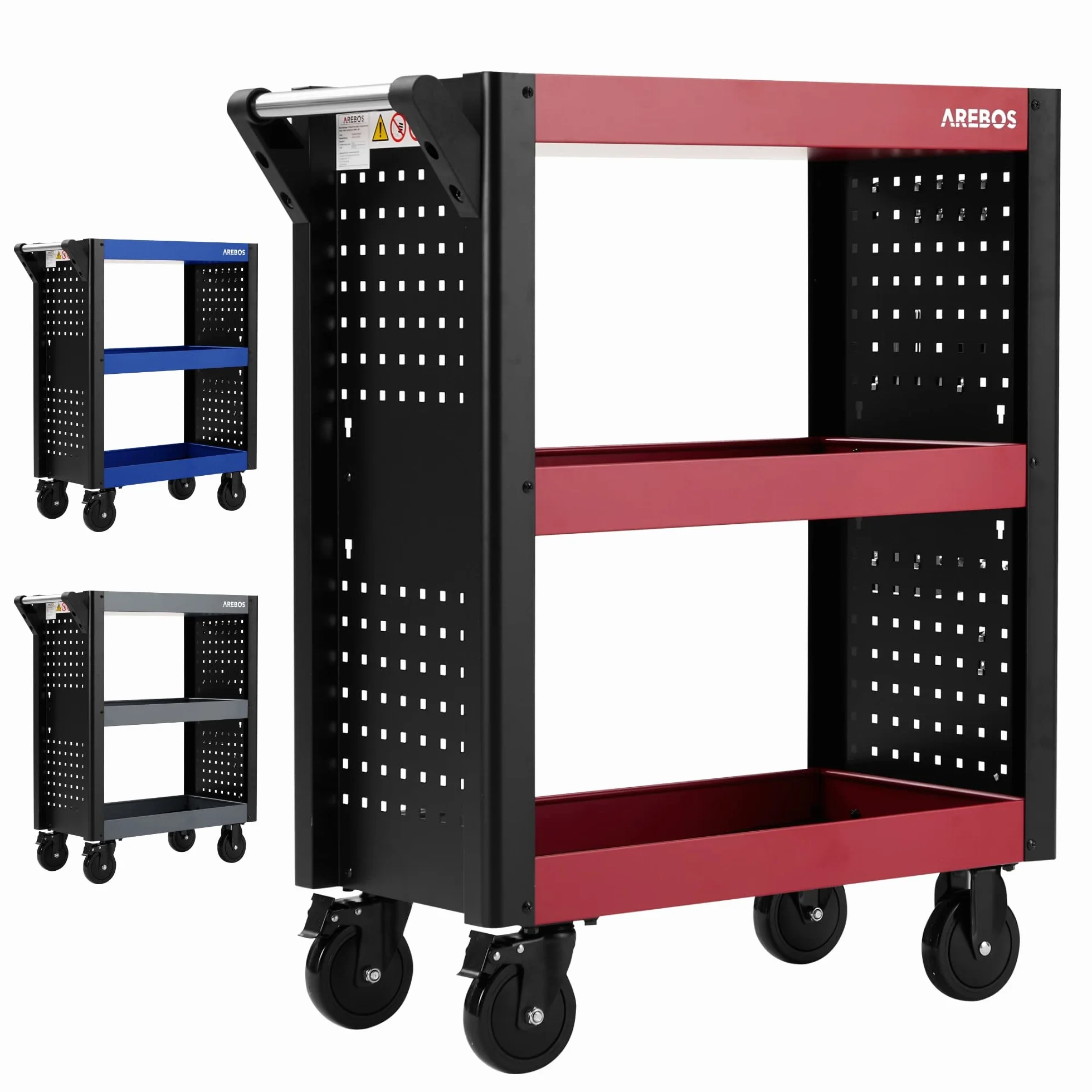 Arebos Carro de Servicio Multifuncional | 3 Compartimentos | Taller, Herramientas, Transporte y Almacenamiento | Estanterías Multiuso | Rojo/Negro