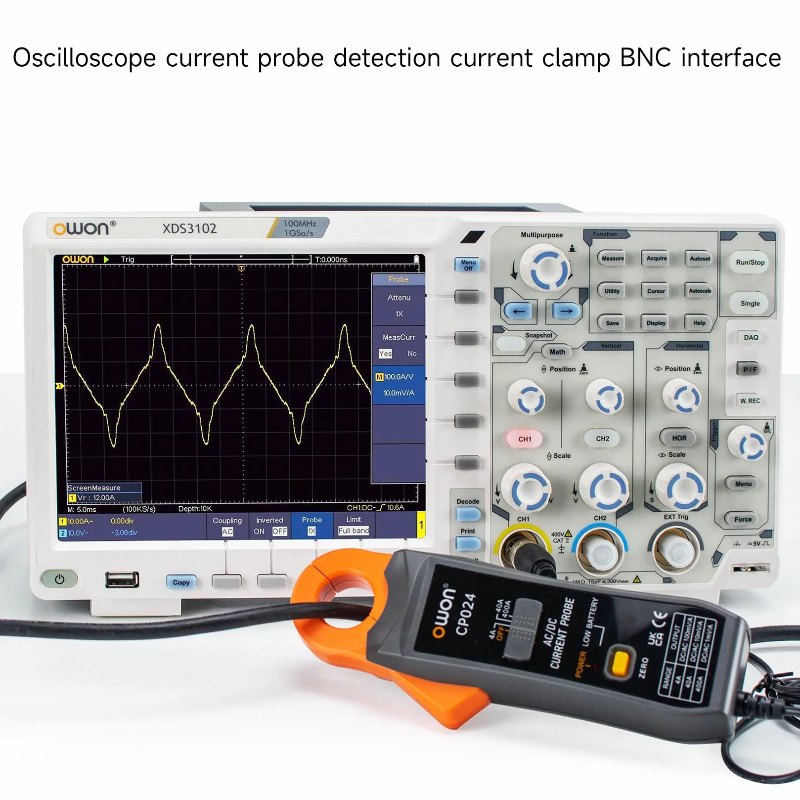 OWON CP024 DC AC Sonda de Corriente para Osciloscopio, Sonda de Abrazadera de Corriente 200 KHz Ancho de Banda 4-400A Rango de Prueba, Probador de Corriente Medidor de Abrazadera con Conector BNC