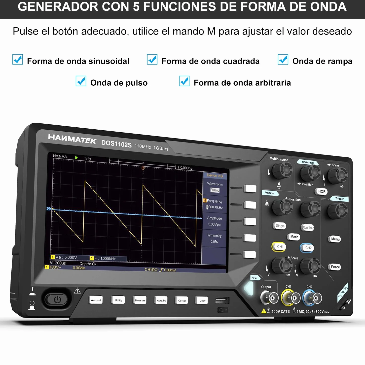 HANMATEK 2 en 1 Osciloscopio Digital Generador de señal DDS DOS1102S con Ancho de Banda de 110 mhz, 2 Canales y Pantalla TFT-LCD, Frecuencia de Muestreo de 500 MS/s *2