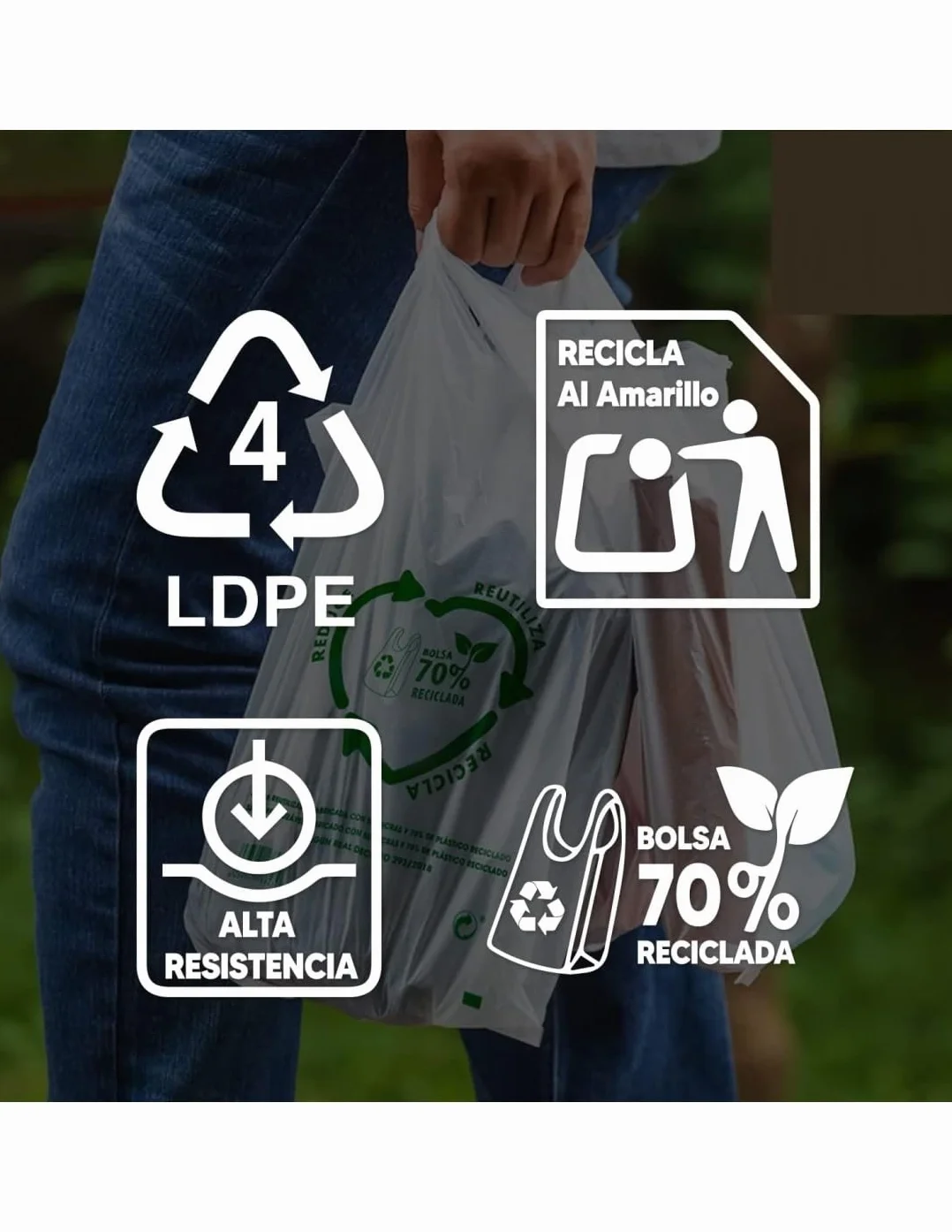 Bolsas de Plástico Camiseta Blanco 70% Reciclado 30x40 cm Galga 200 Pack 100 Unidades Alta Resistencia