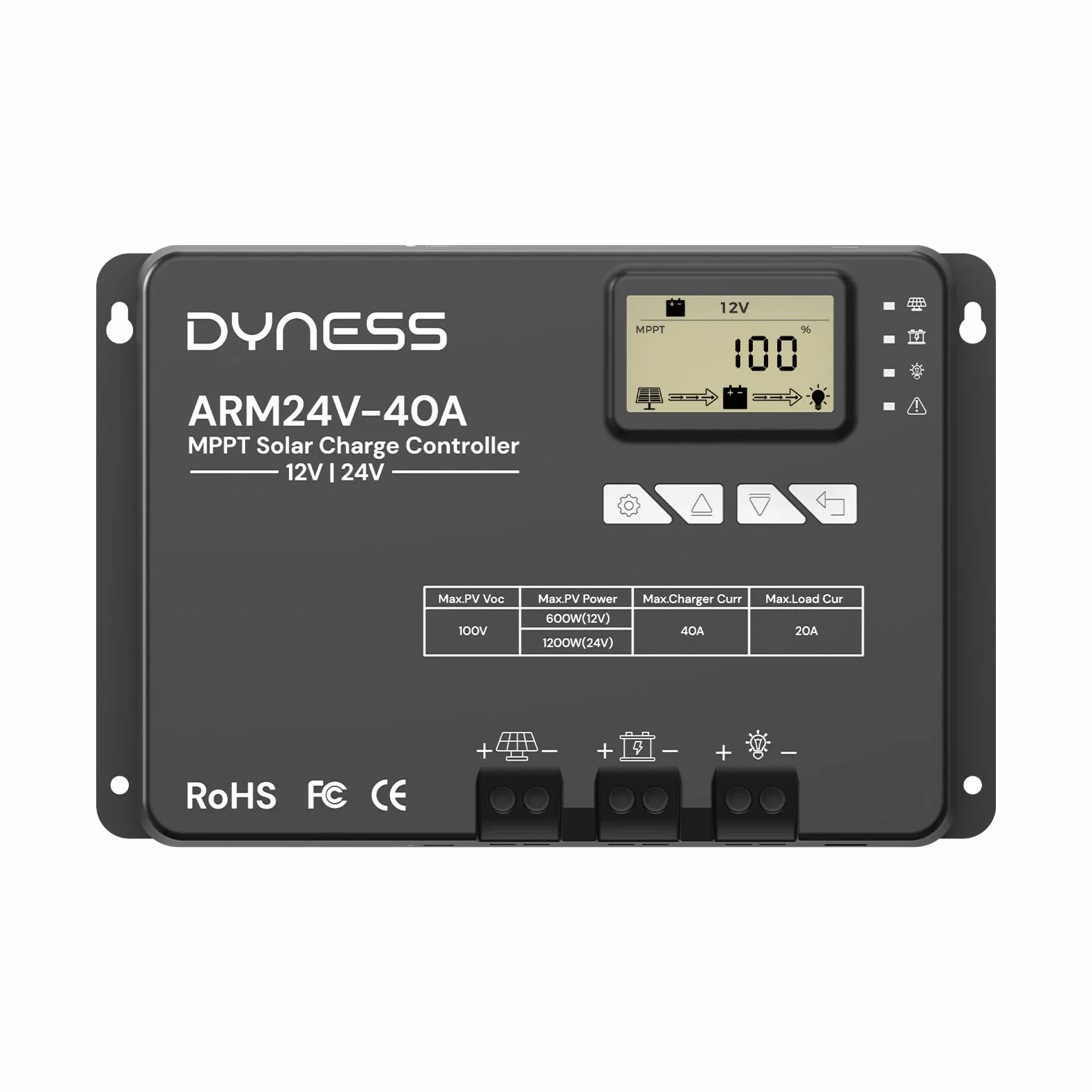 Dyness MPPT 40A Controlador de Carga Solar 12V/24V Automático, 100V (entrada fotovoltaica máx.), pantalla LCD, nstalaciones solares y baterías SLA, GEL, FLD, AGM, Li.