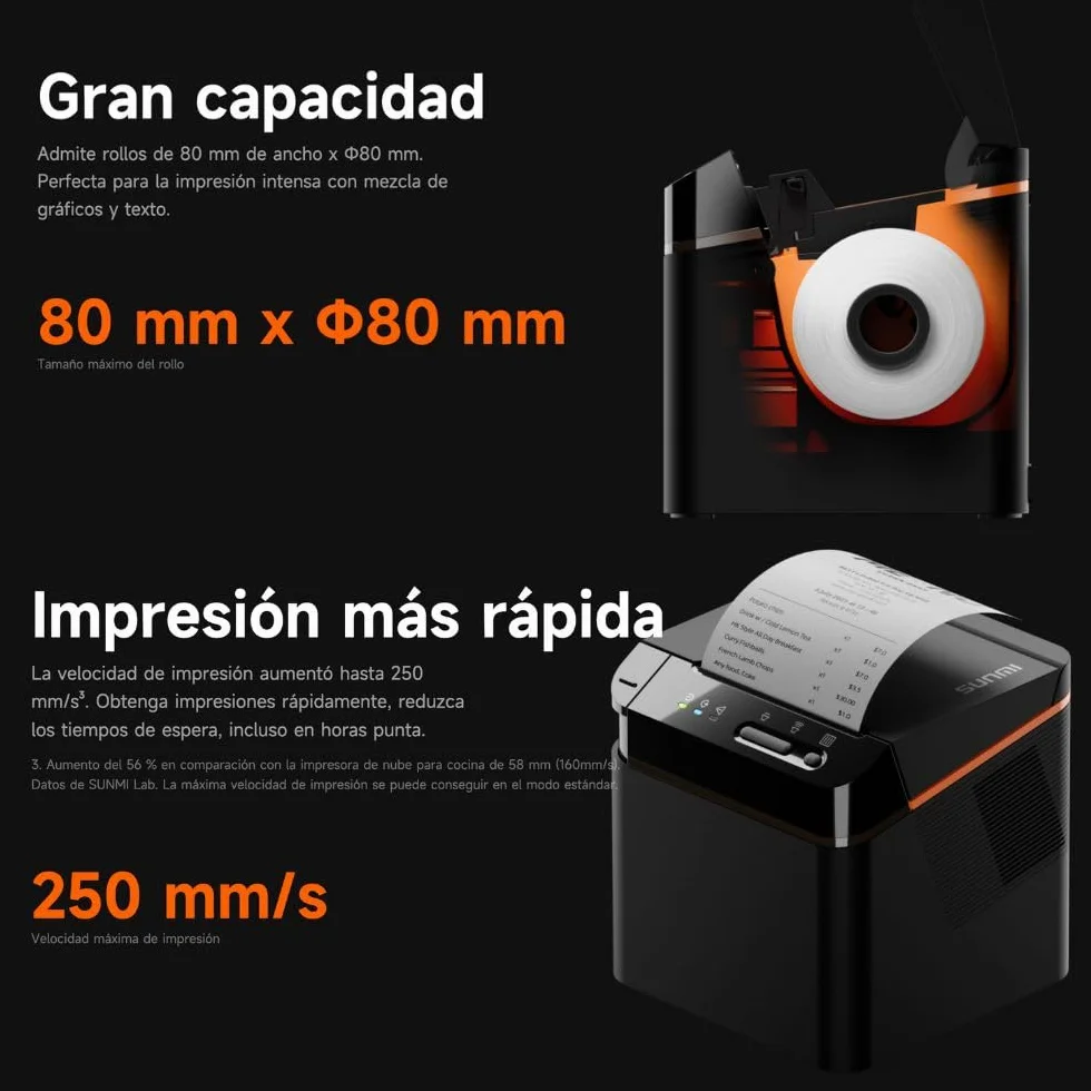 SUNMI Cloud Printer - Impresora Tickets 80mm - Papel Térmico 80 mm - Impresora Termica sin Tinta - Corte Automático - Conexión USB, RJ11, Wifi y Bluetooth - Velocidad de Impresión 250 mm/s