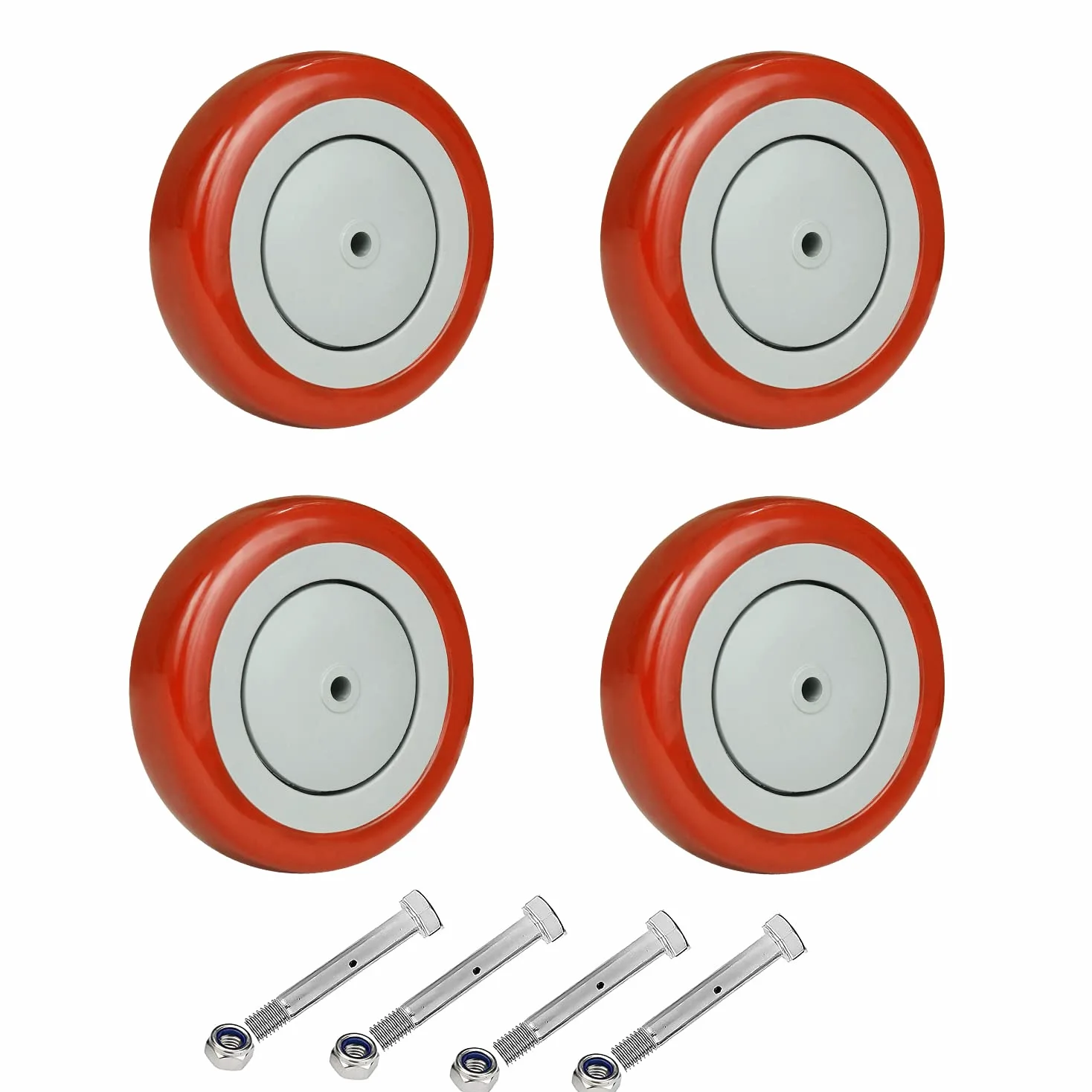 Ruedas de 5 pulgadas para carrito, ruedas de repuesto de poliuretano con eje de 5/16 pulgadas, capacidad total de 1200 libras (paquete de 4 unidades de diámetro de 5/16 pulgadas, rojo)