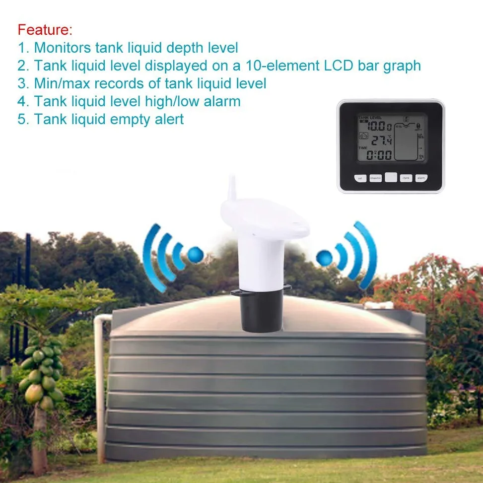 Transmisor del Sensor de Nivel de Agua, Tanque de Agua Conjunto de sensores de temperatura del Agua con Unidad de Transmisor de Pantalla LCD con Sensor Ultrasónico y Sensor Térmico