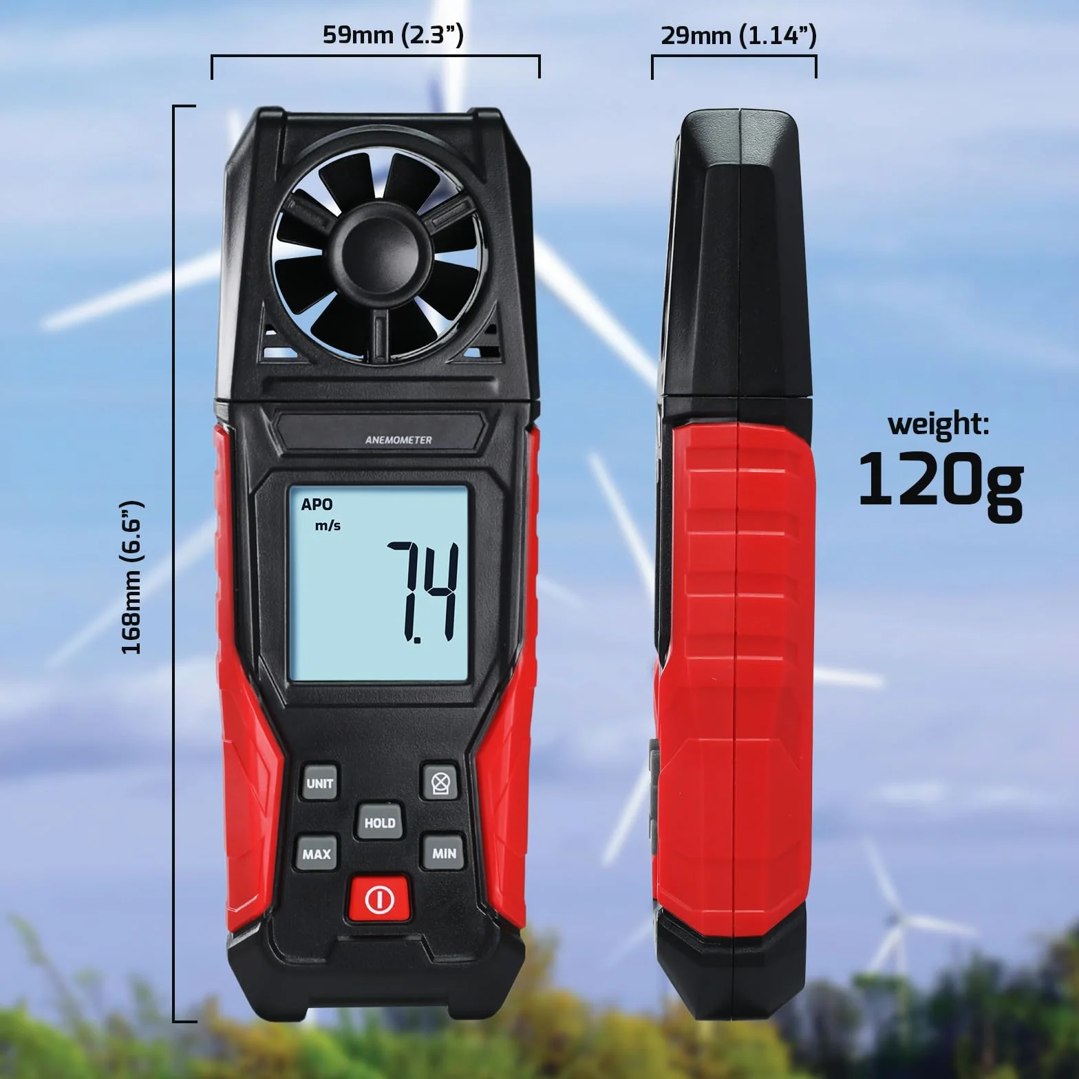 Anemómetro Digital Medidor de Velocidad del Viento 0.3-30 m/s Temperatura Pantalla Retroiluminada Max/Min