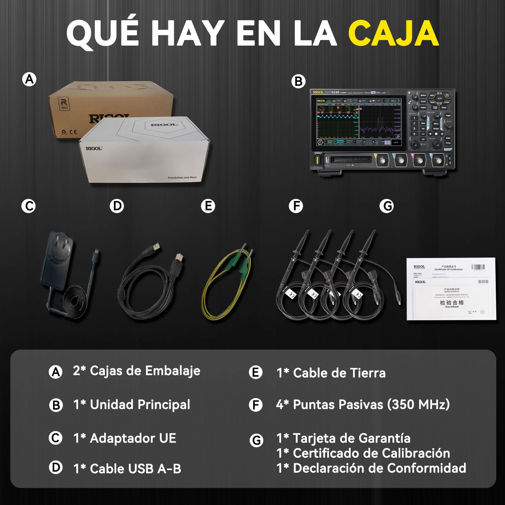 RIGOL Osciloscopio,DHO924S Osciloscopio Digital Portatil,250MHz,4A+16D canales,Resolución 12 bits,Pantalla táctil HD 7",Generador de señales integrado,Para pruebas en campo y enseñanza en laboratorio