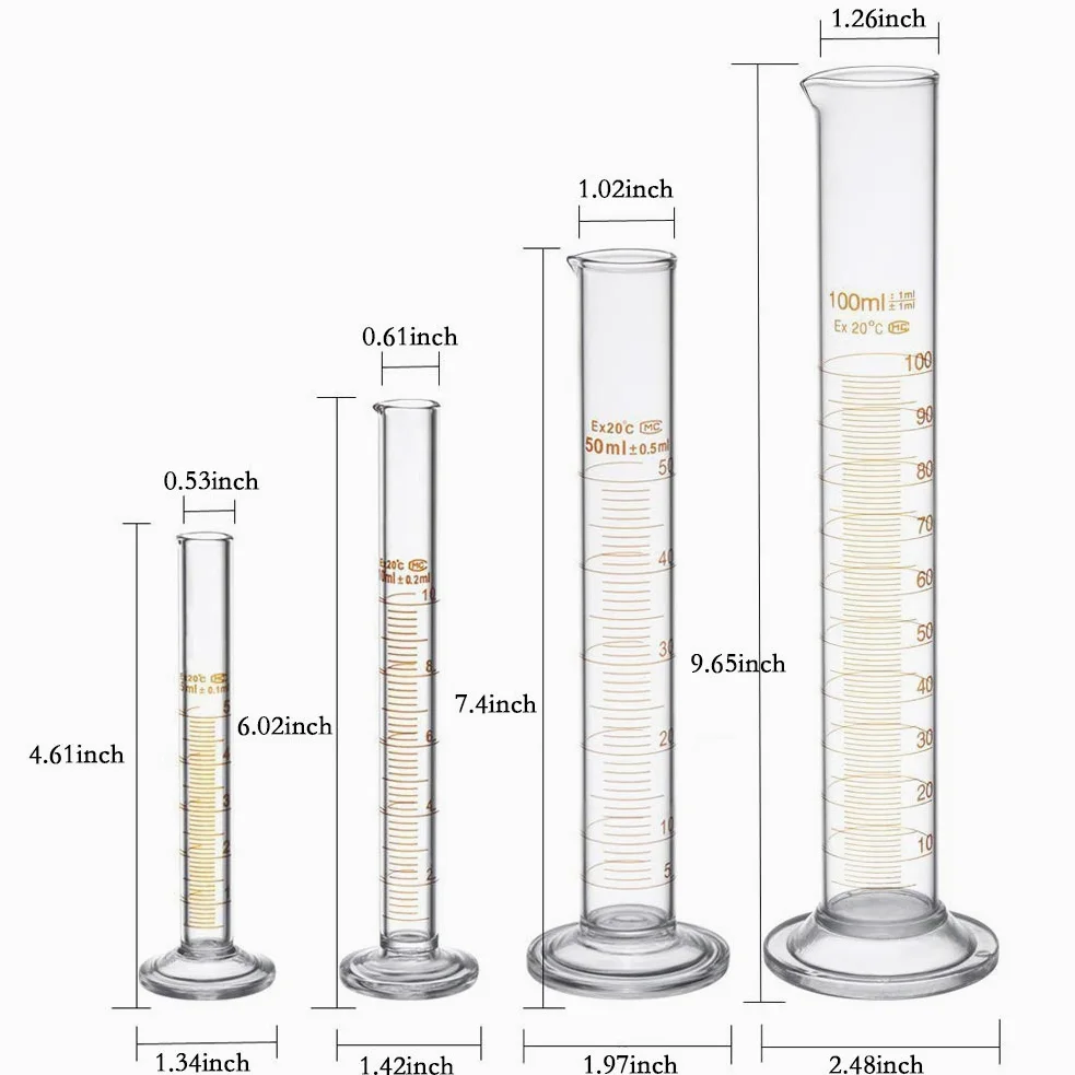 Juego de cilindros graduados de cristal, 5 ml, 10 ml, 50 ml, 100 ml, con 2 varillas de agitador de vidrio y 1 cepillo
