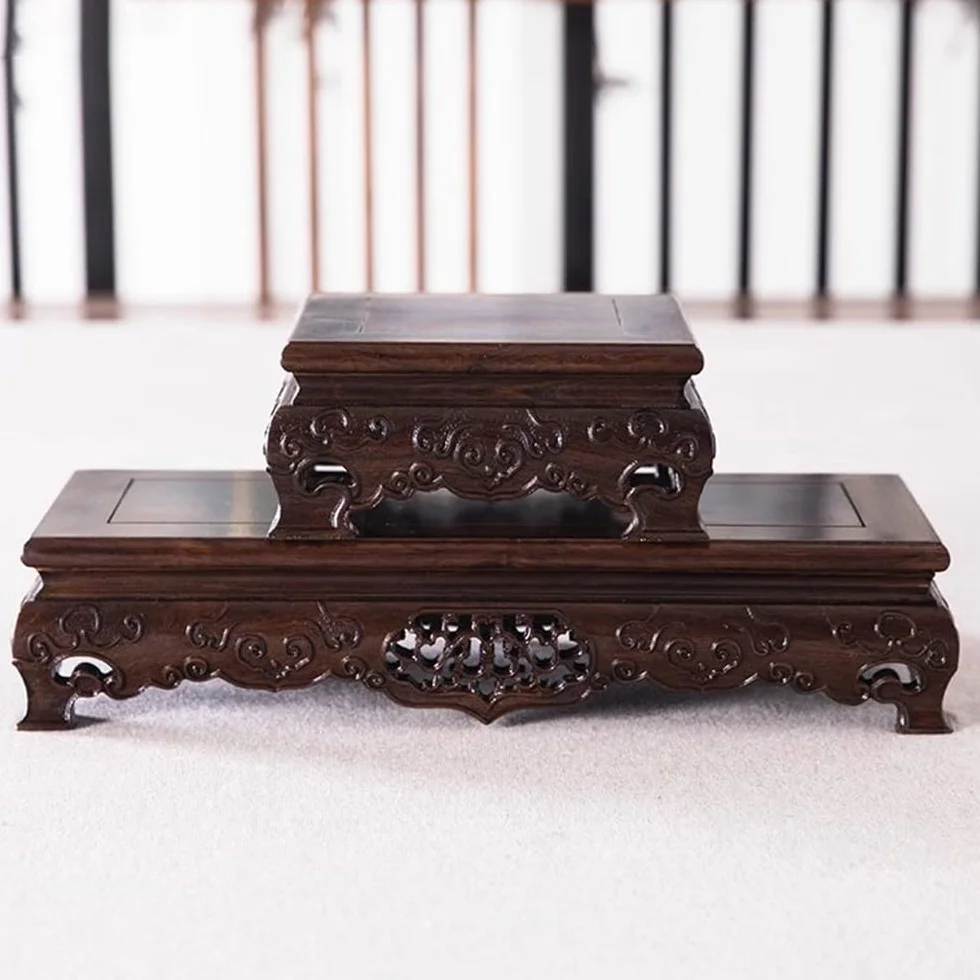 Mesa de exhibición de bonsáis Base Rectangular de Madera de ébano Soporte Tallado Ahuecado Grande
