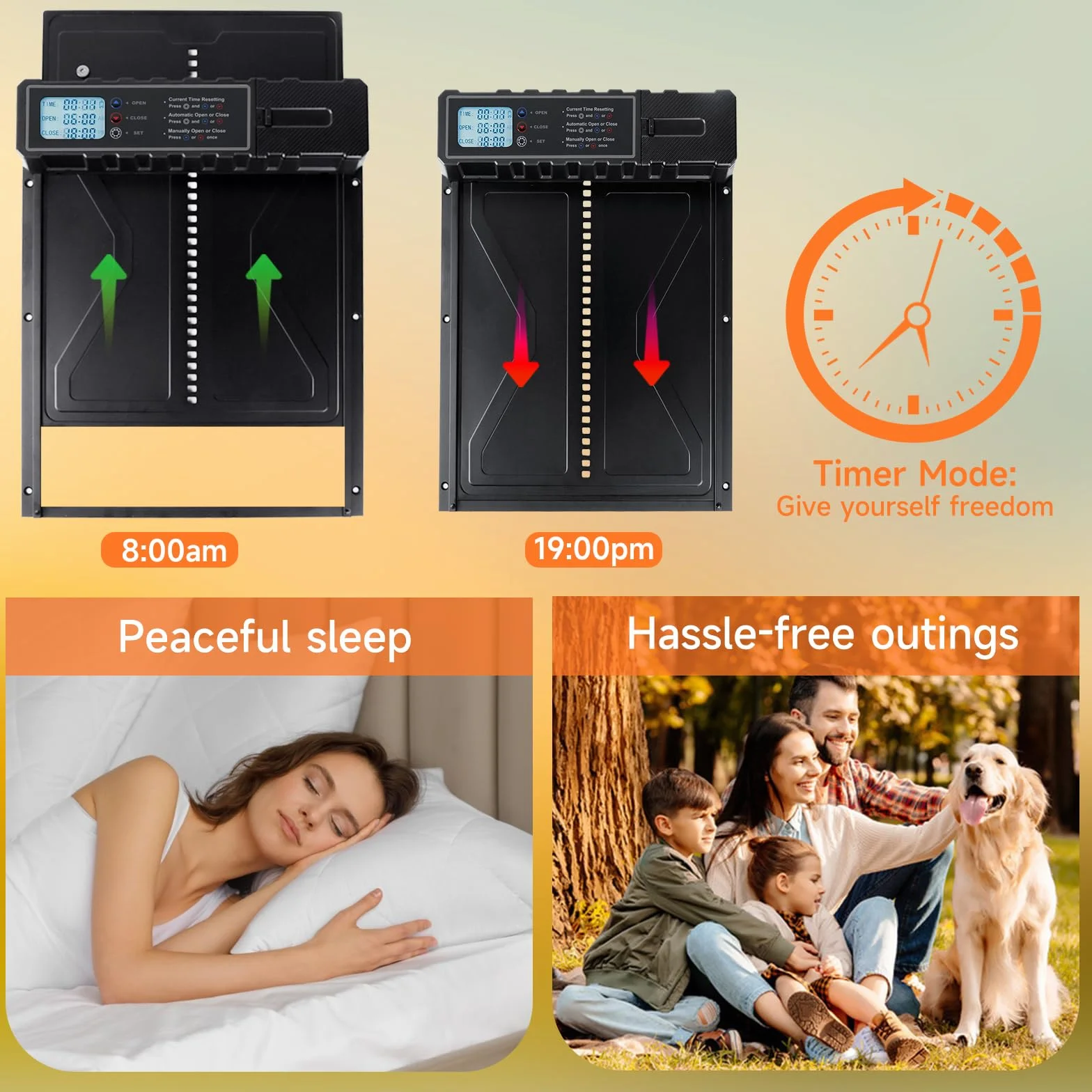 Puerta Automática para Gallinero de Aluminio con Temporizador y Pantalla, Protección Antiatrapamiento