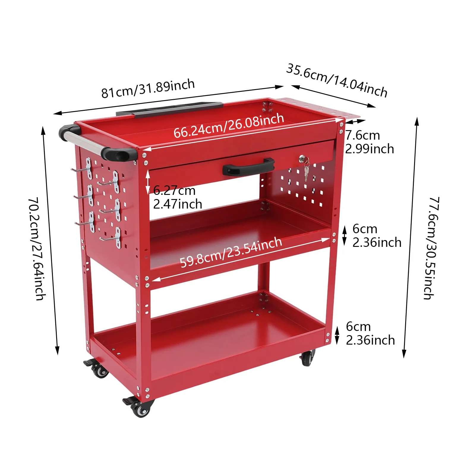 Carro de herramientas con 3 niveles, con cajón y ruedas con cerradura, capacidad de carga de 250 kg para almacén, garaje o taller (rojo)