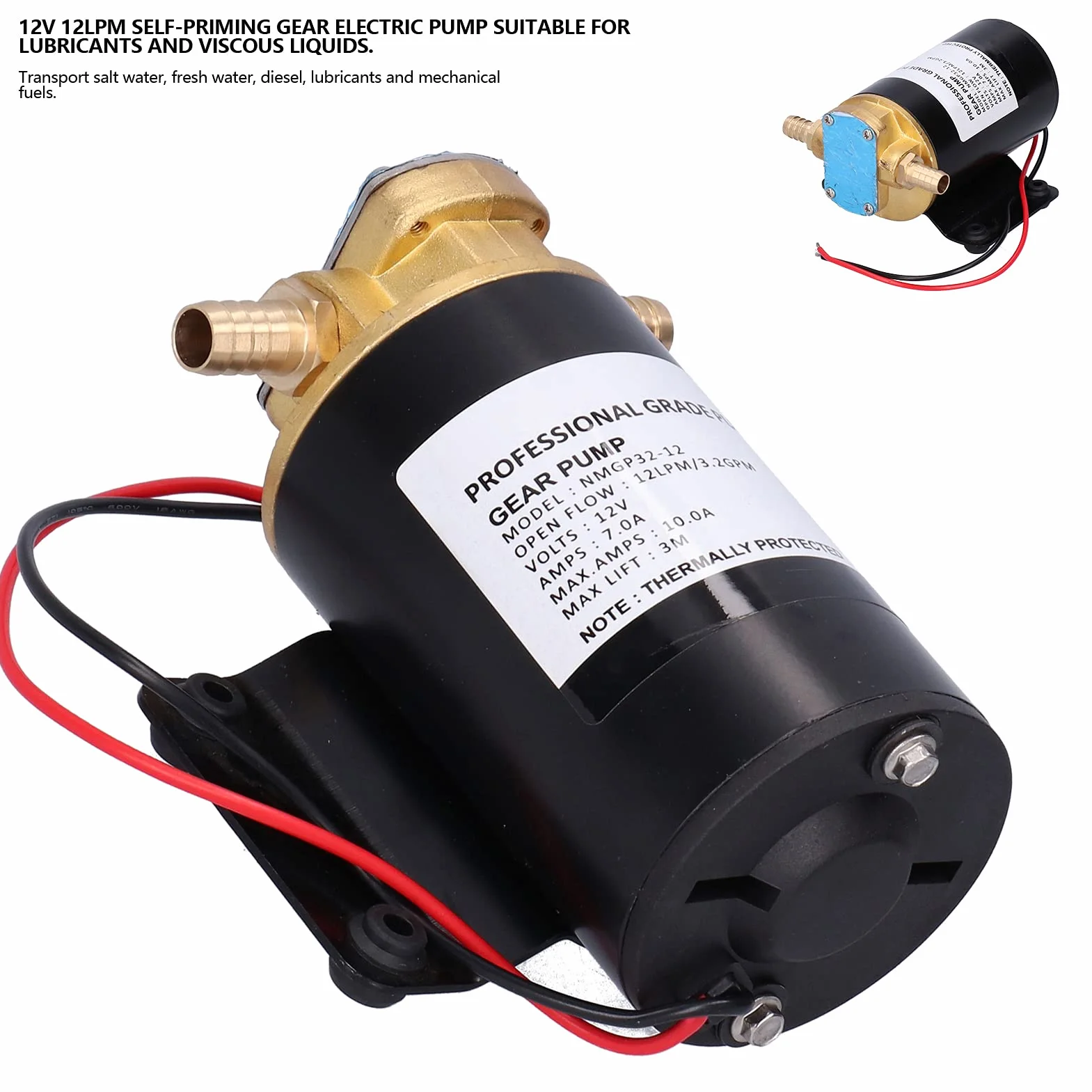 Fydun Bomba de engranajes de impulsor 12V 12LPM Elevación aubante de 9,8 pies para transferencia de agua/combustible/recuperación/aceite