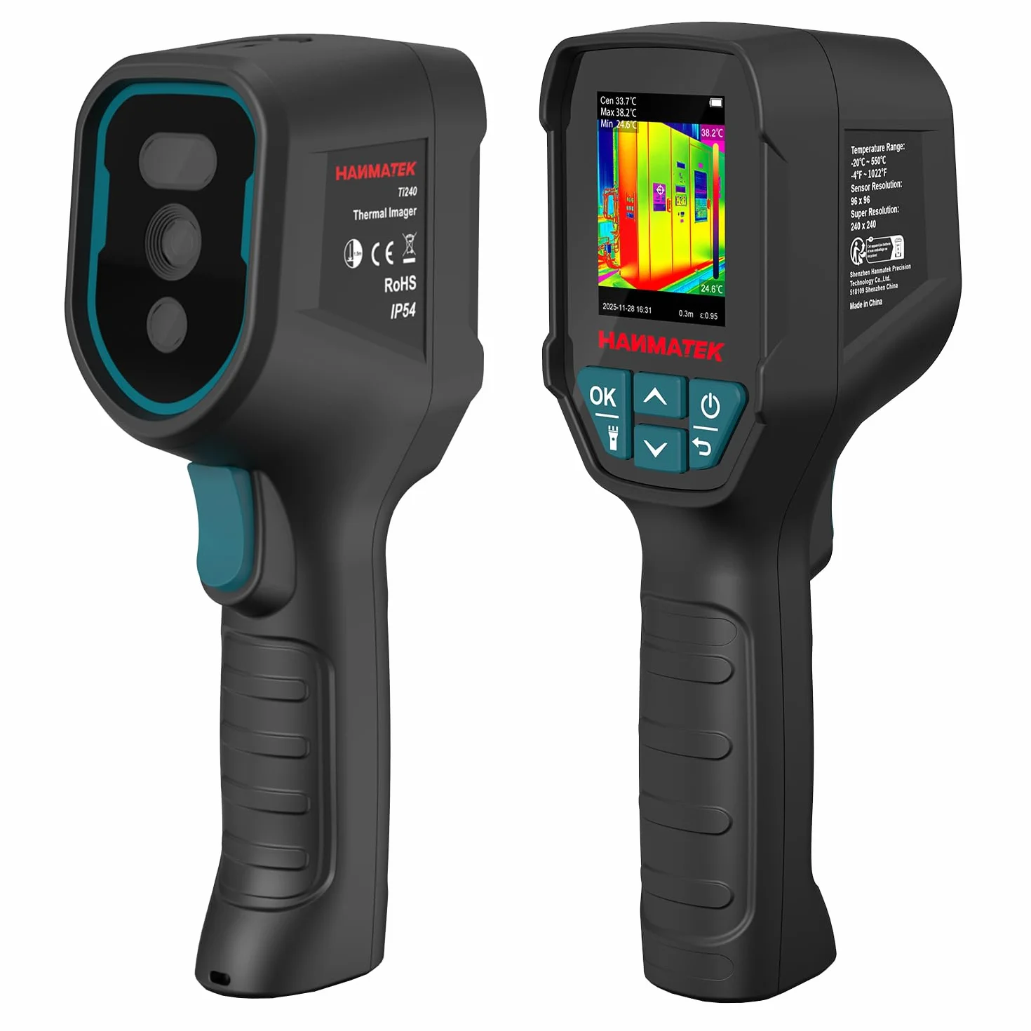 HANMATEK Termógrafo Profesional, Cámara Térmica 96x96 IR, Sensibilidad ≤60mK, TISR 240x240, Pantalla 2.4", Alarma, Rango -20 -550°C, para Mantenimiento Eléctrico y Mecánico