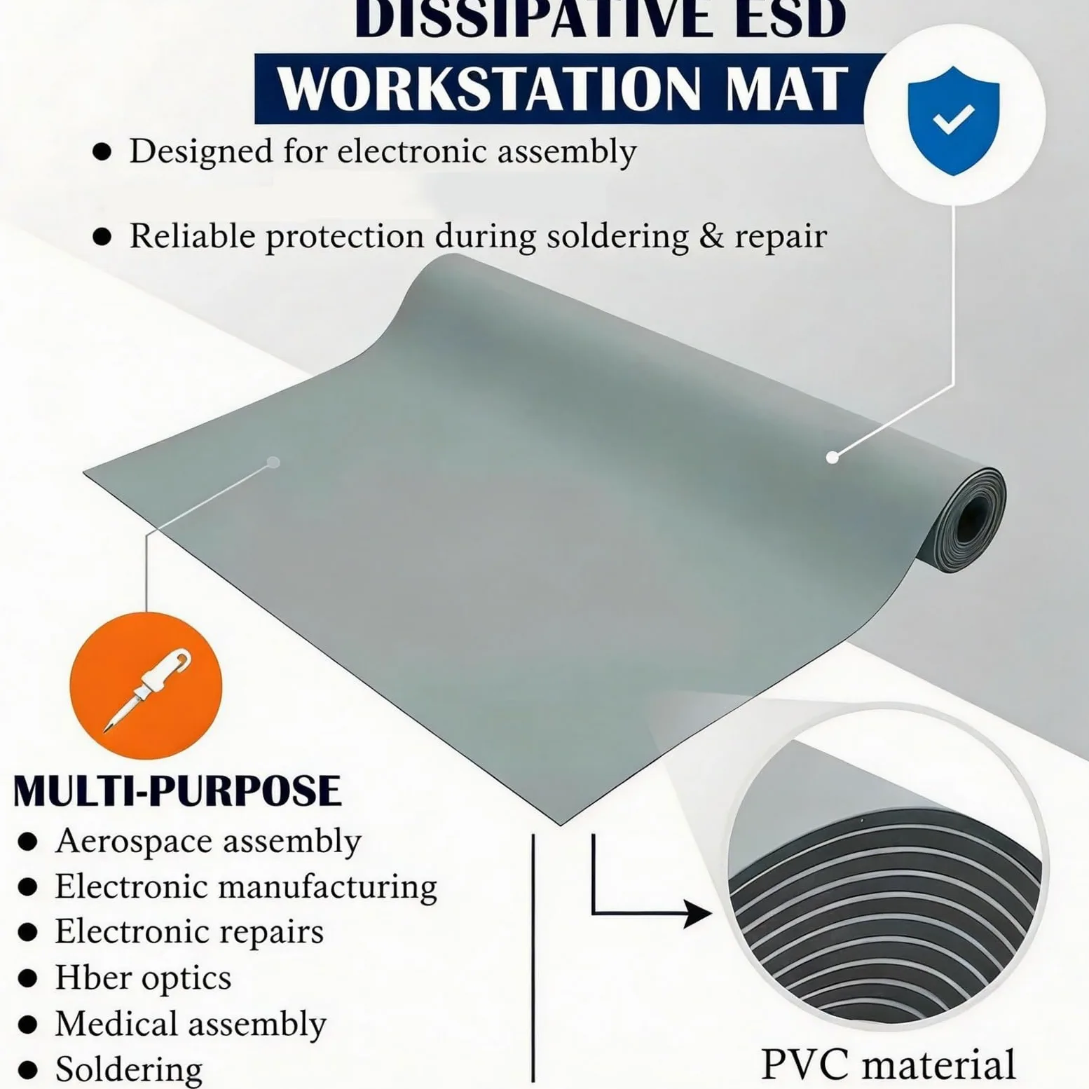 Rollos alfombrilla antiestática Superficie De Trabajo Antiestática De 2/3/5 Mm De Espesor, Almohadillas De Soldadura ESD Adecuadas Para Ensamblaje De Computadoras | T 3 mm,W 0.6m x L 1m