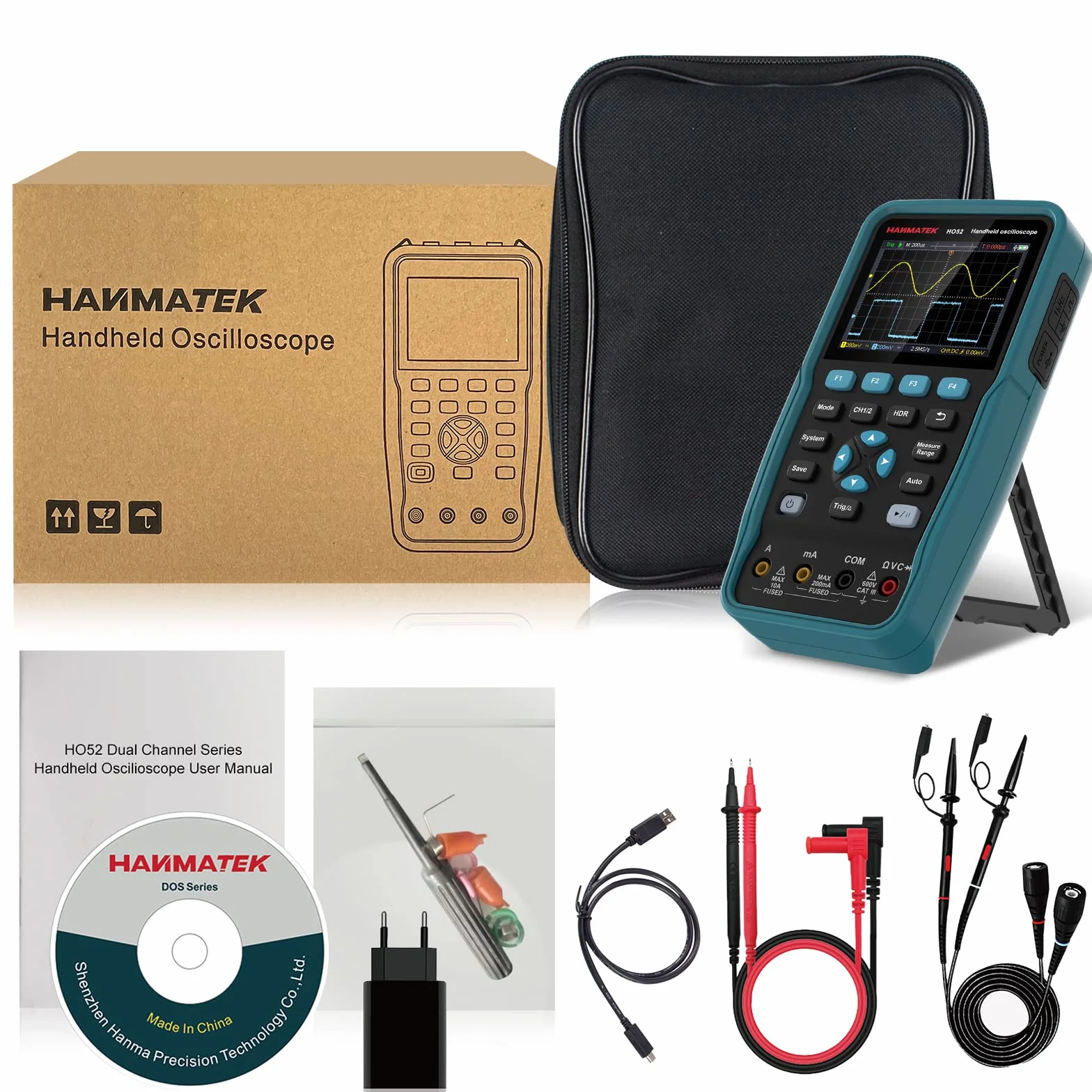 Osciloscopio Digital, HANMATEK HO52 Mini Osciloscopio TFT de 3,5", Osciloscopio y Multímetro 2 IN 1, Pantalla Retroiluminada, Función Autocalibración, 7 Medidas Automáticas, Función Memoria