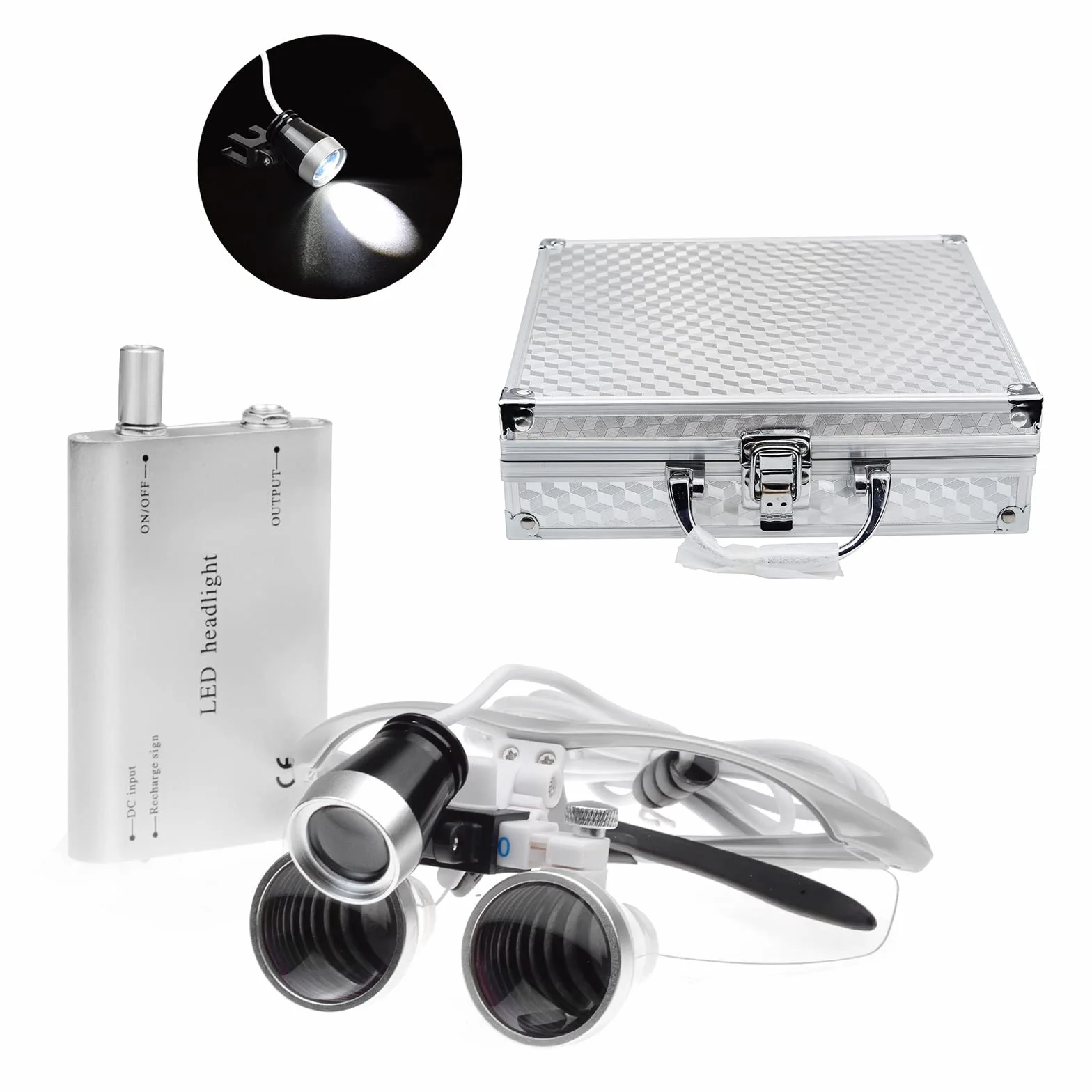 Bonew Dental Binocular Loupes Kit 3.5x 420mm LED Headlight Aluminum Case Silver