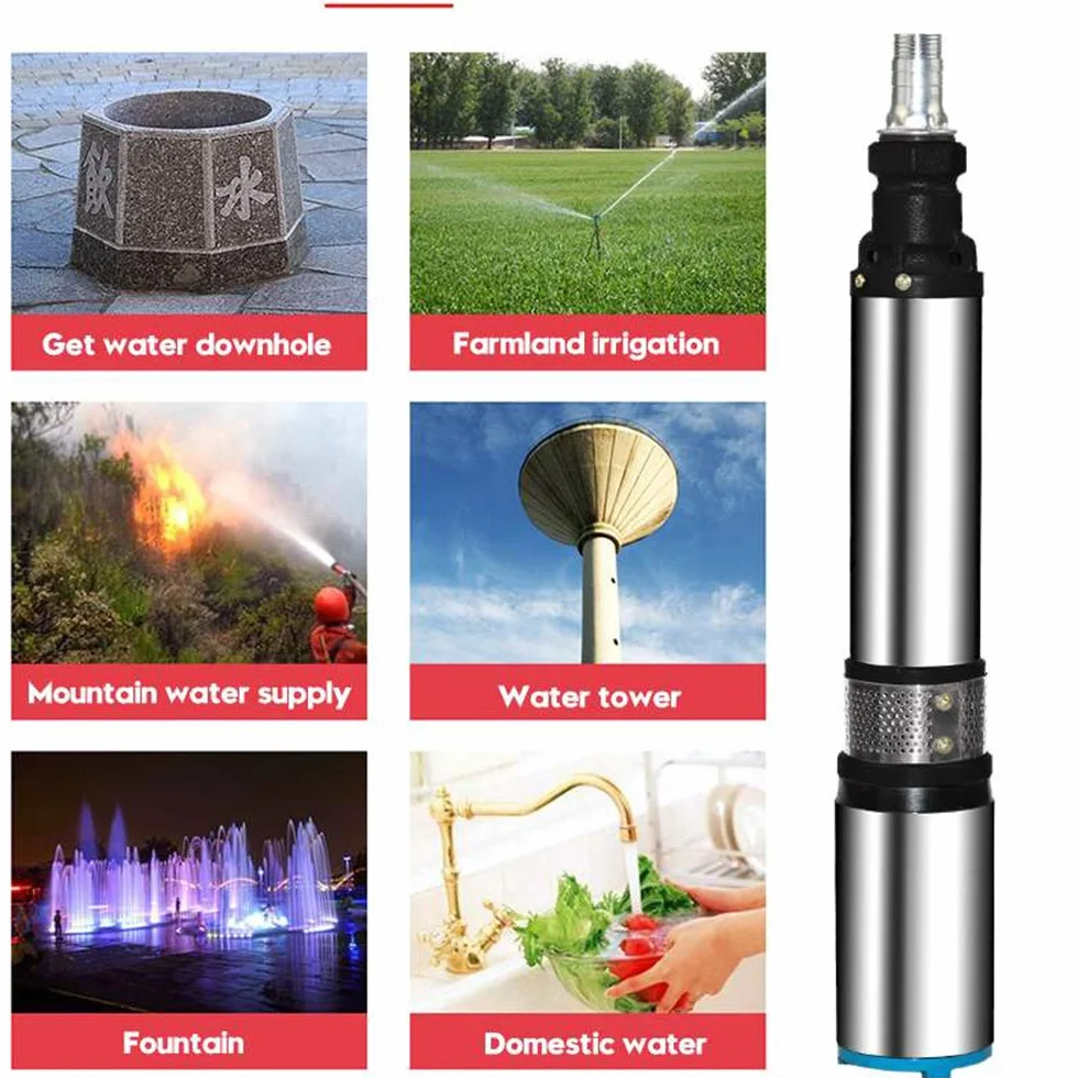 Bomba de Agua Solar 500W 48V/60V, Acero Inoxidable y Hierro Fundido, Submersible, 2m³/h, 50m, 25mm, 78mm x 495mm, Alta Presión, para Jardín e Irrigación Agrícola