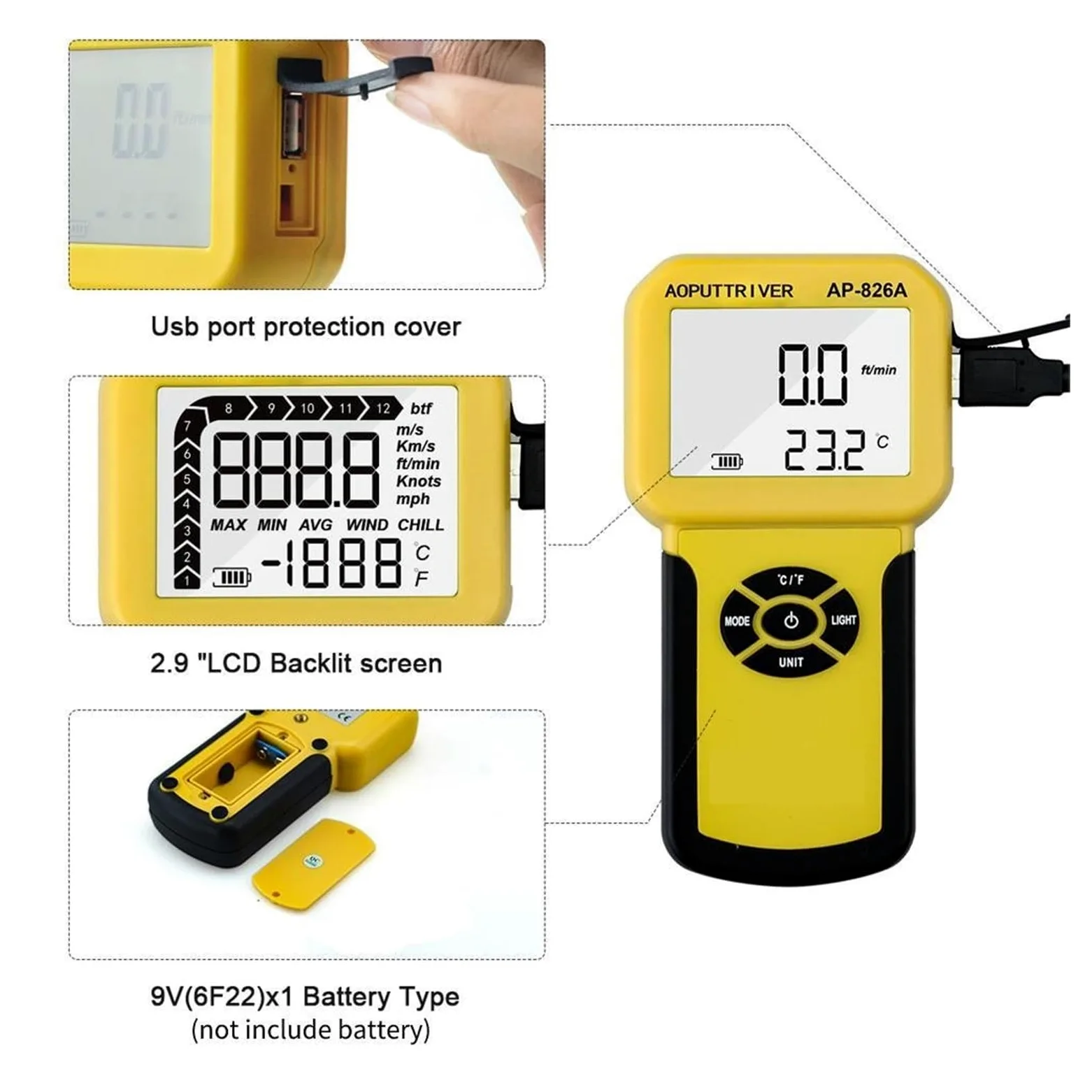 Anemómetro, Anemómetro digital del medidor de velocidad del viento for la velocidad del aire, temperatura del flujo de aire, máx./promedio/corriente