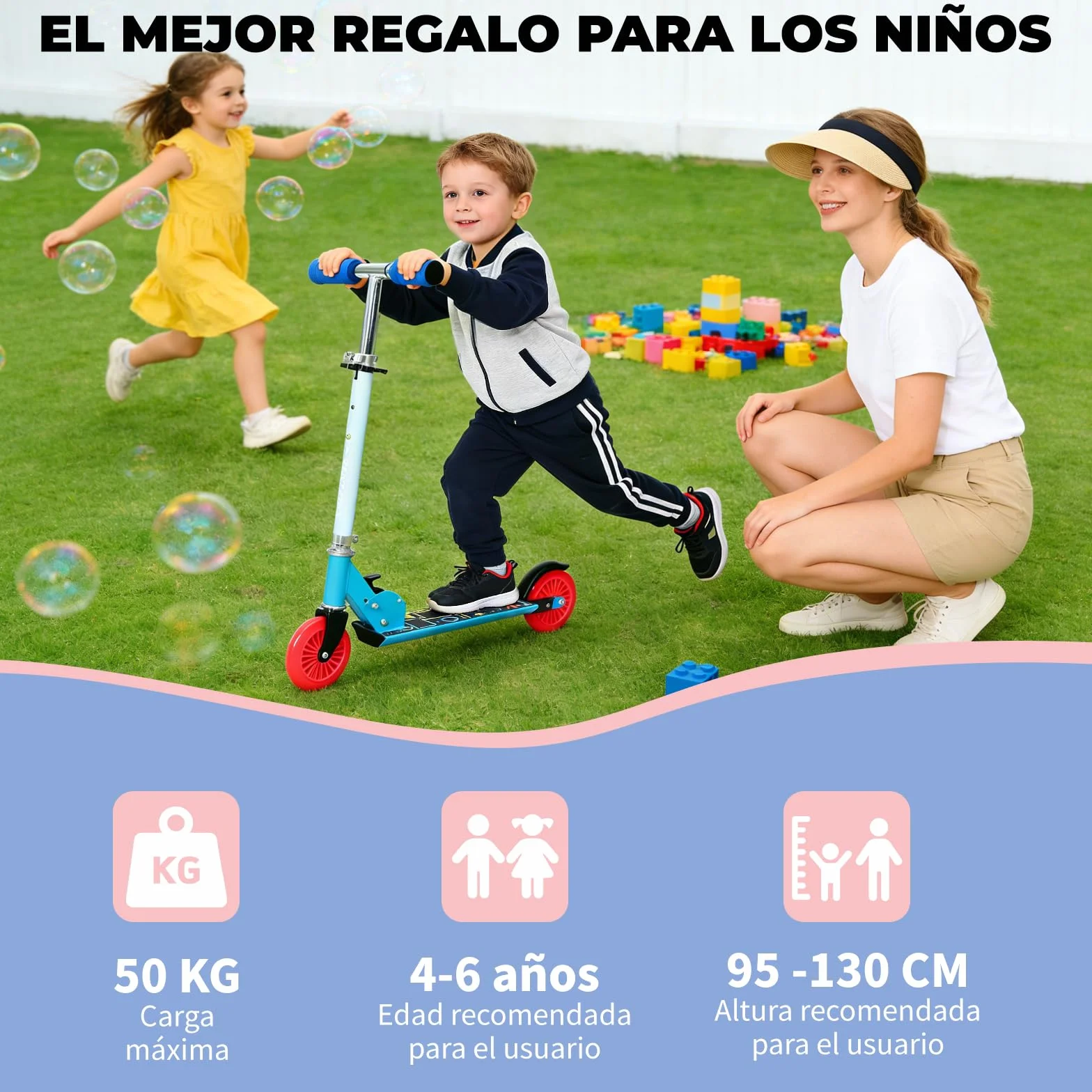 Patinete Scooter Plegable para Niños 4-6 Años, Manillar Ajustable 72-82cm, 2 Ruedas, Freno Posterior, 50kg