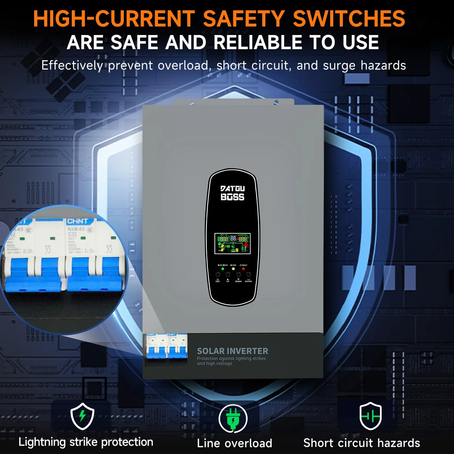 DATOUBOSS 6200W Inversor Híbrido 48V,Inversor Solar Híbrido 48v de Onda Sinusoidal Pura,Potencia de Entrada fotovoltaica de 8500W,Admite Funcionamiento sin Batería,120A MPPT,con WiFi