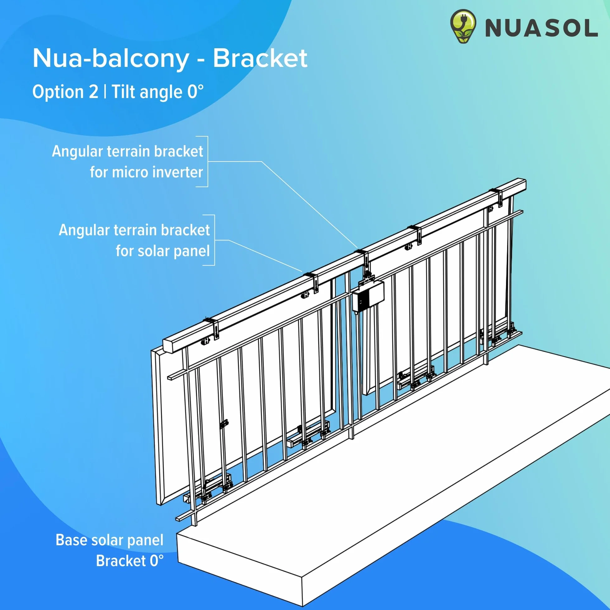 Soporte para planta de balcones, fijación para 2 módulos solares y un inversor fotovoltaico | rectangular | set | ángulo de inclinación 0° y 25-45° | ancho de barandilla hasta 80 x 80 mm,