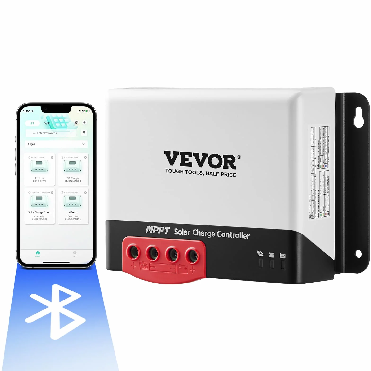 VEVOR Controlador de Carga Solar MPPT 12 V/24 V Auto CC Regulador de Carga del Panel Solar 50A Módulo Bluetooth 98% de Eficiencia de Carga para Baterías Selladas AGM, gel, Inundadas y de Litio