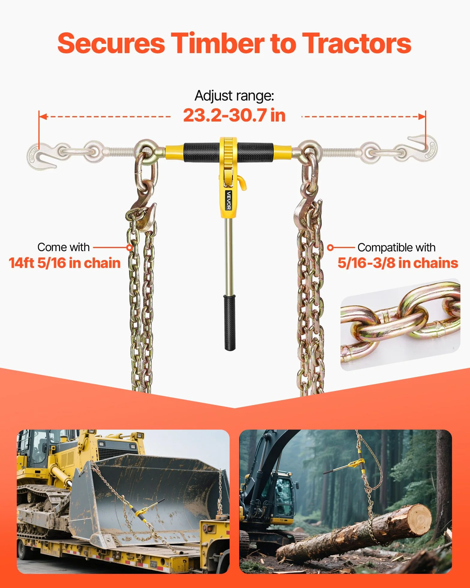 VEVOR Cadena Tensora con Trinquete, Juego de 2, Capacidad 3629 kg con Cadena 8 mm x 3,9 m Compatible 8 a 10 mm, Tensor de Cadena con Trinquete y Ganchos Ajustables para Amarre de Carga Camión Remolque