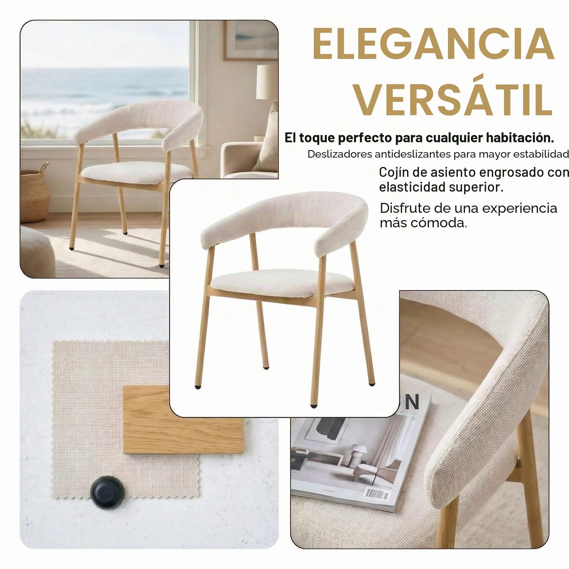 Juego de 4 sillas de Comedor Modernas ergonómicas de felpilla tapizadas con reposabrazos y Respaldo Curvado, Patas de Metal con Grano de Madera, Color Beige