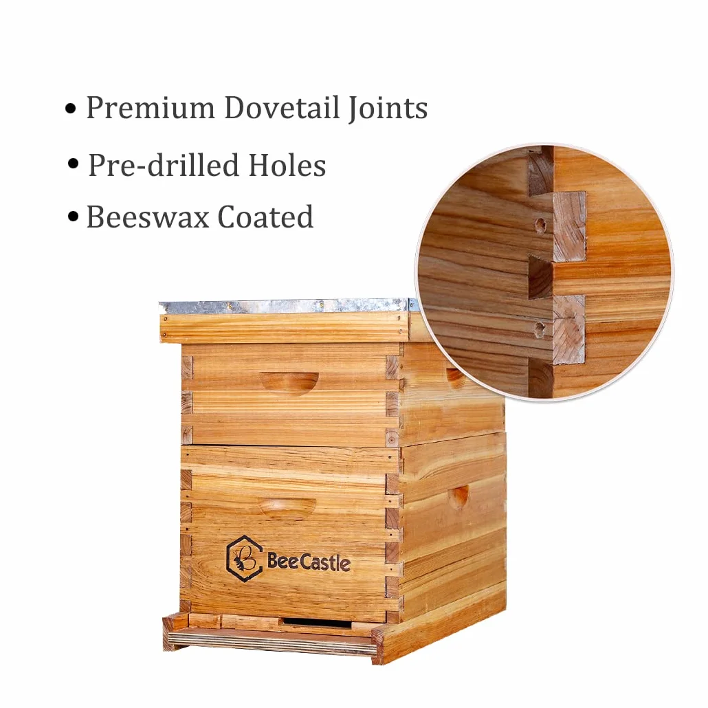 BeeCastle Colmena de abeja Langstroth de 8 marcos recubierta con cera de abejas, incluye marcos de colmena y bases enceradas (1 caja profunda y 1 caja mediana)