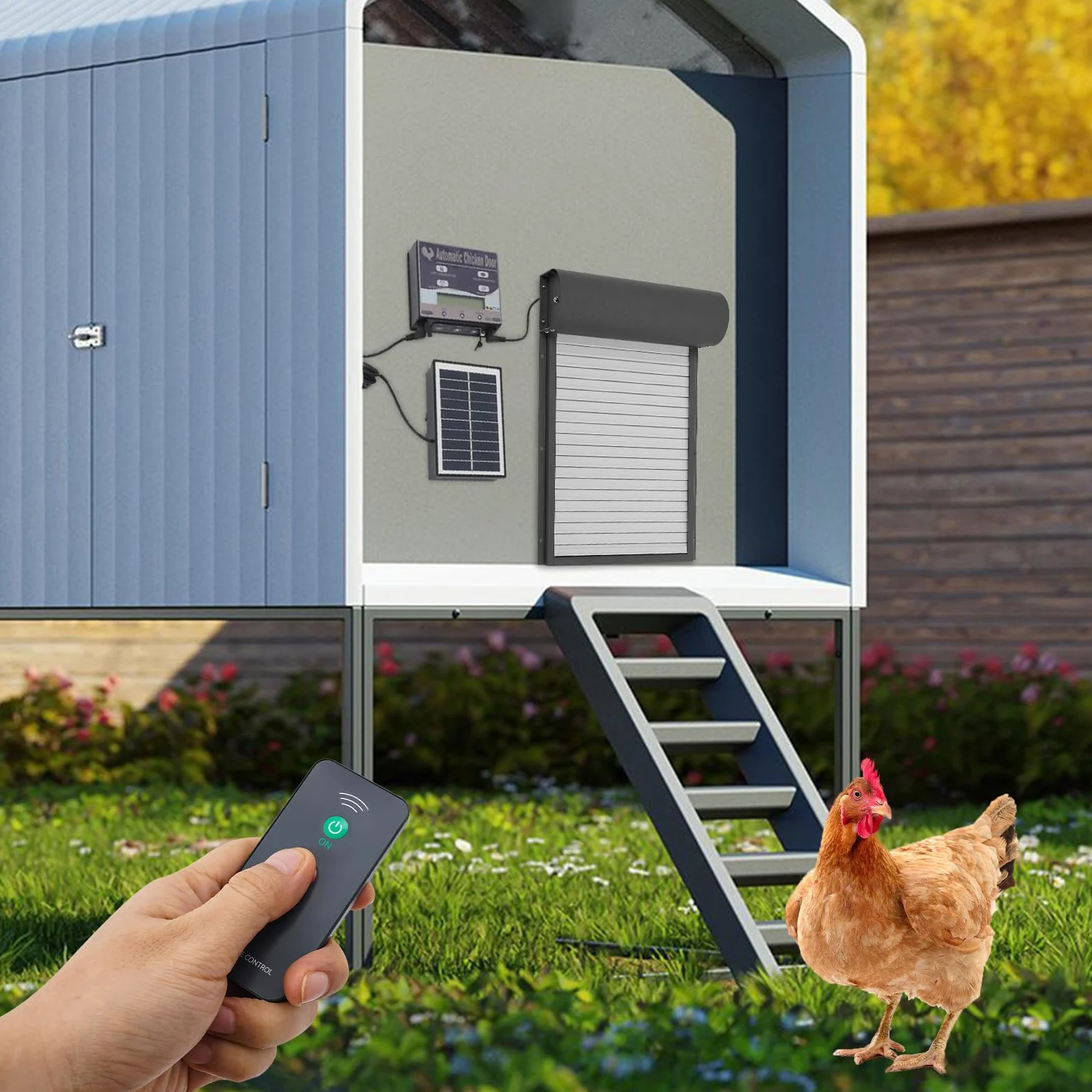 Puerta de pollo automática solar con panel de control, puerta de pollo eléctrica abridor de puerta con mando a distancia/manual/temporizador/modo sensor de luz para aves de corral (negro)