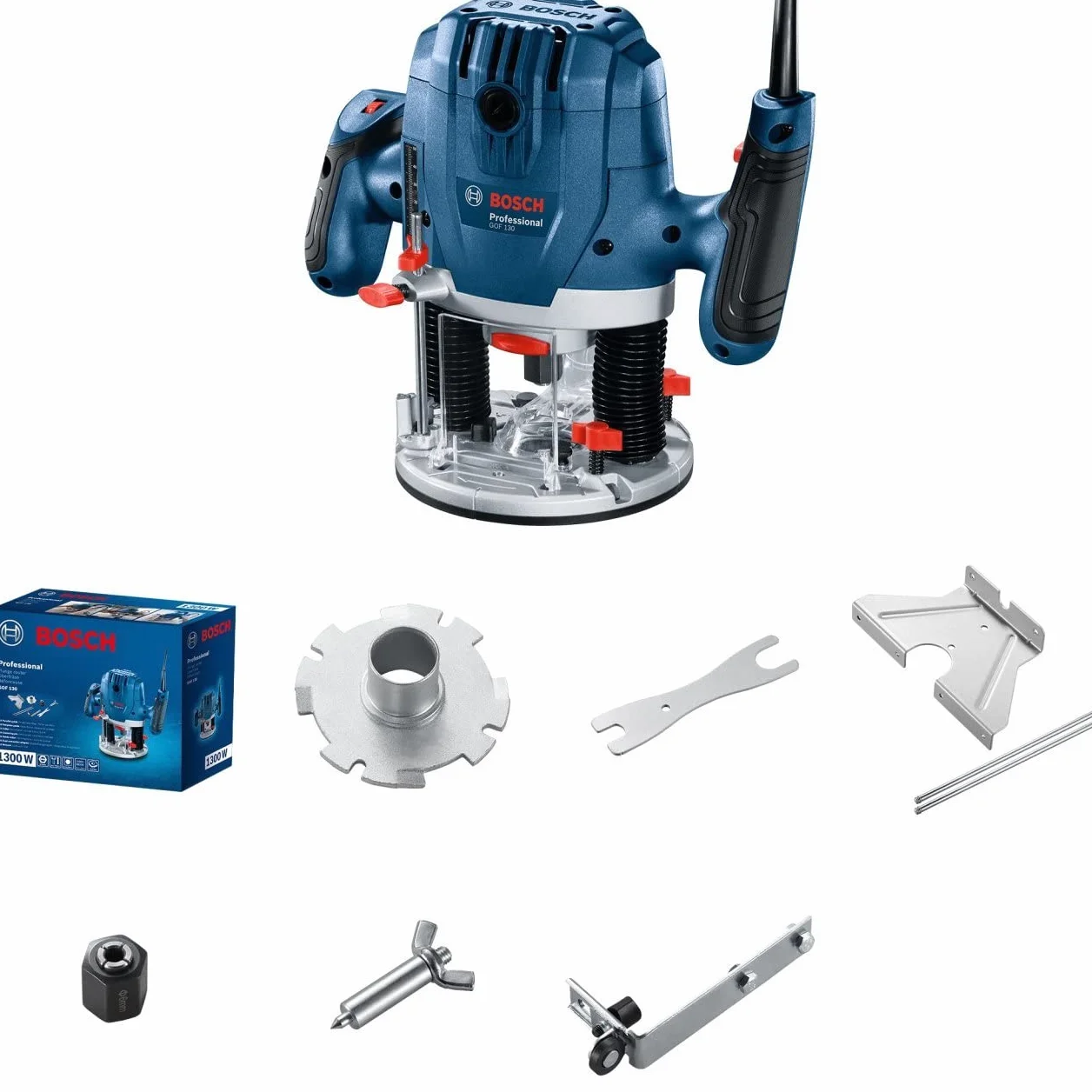 Bosch Professional: Fresadora GOF 130 (guía paralela, punta de copia, adaptador de aspiración de polvo, pasador de centrado, rodillo de guía, 2 clips de fijación)