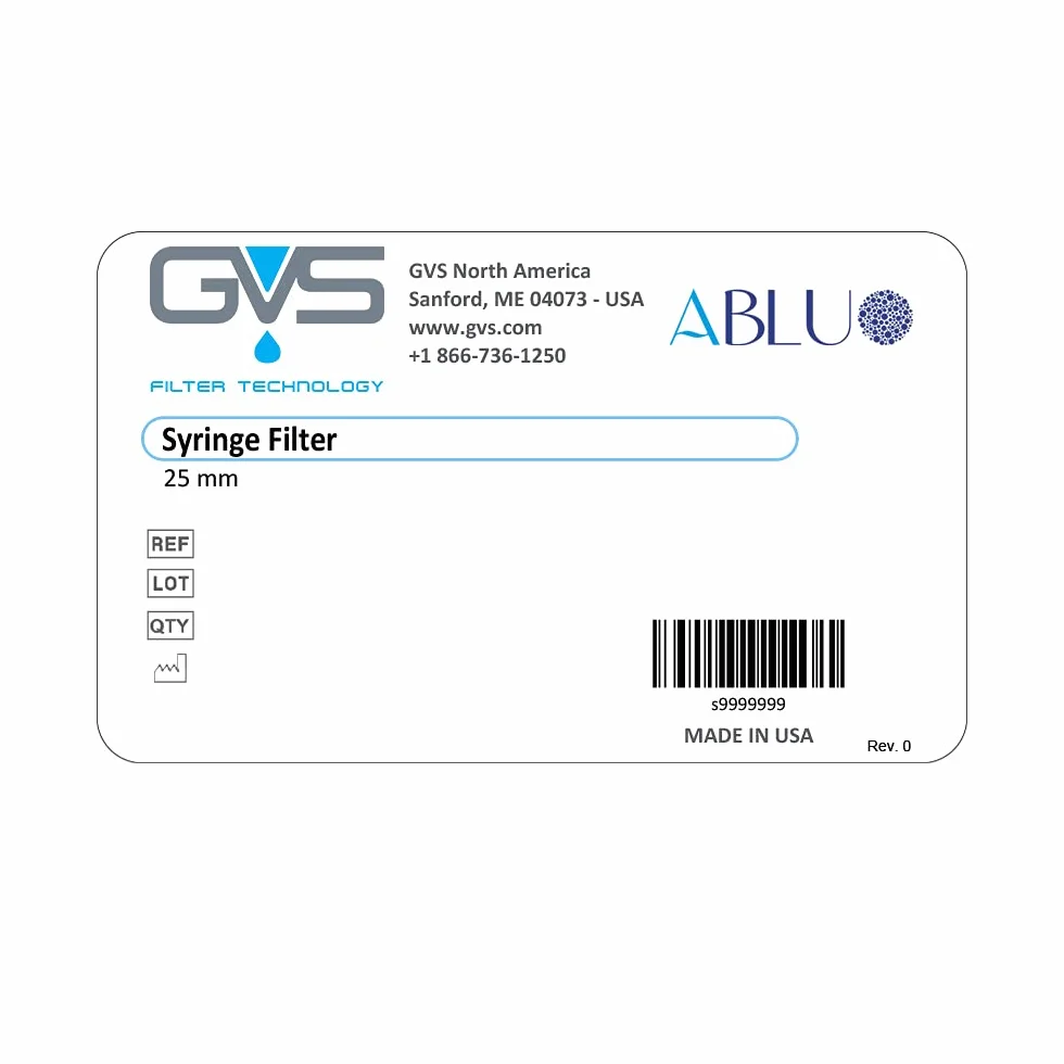 GVS Filter Technology, Filtro de jeringa, ABLUO, 25mm, Membrana NY, 0.45µm, alojamiento PP, 100/pc