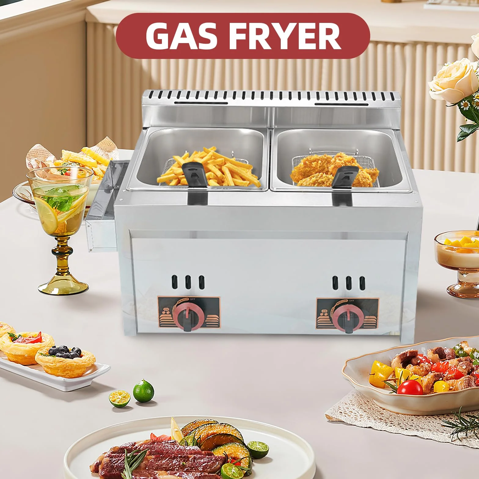 Freidora de gas profesional, regulador de baja presión, cesta extraíble, freidora comercial de acero inoxidable para cocina comercial o camión de comida (8L)