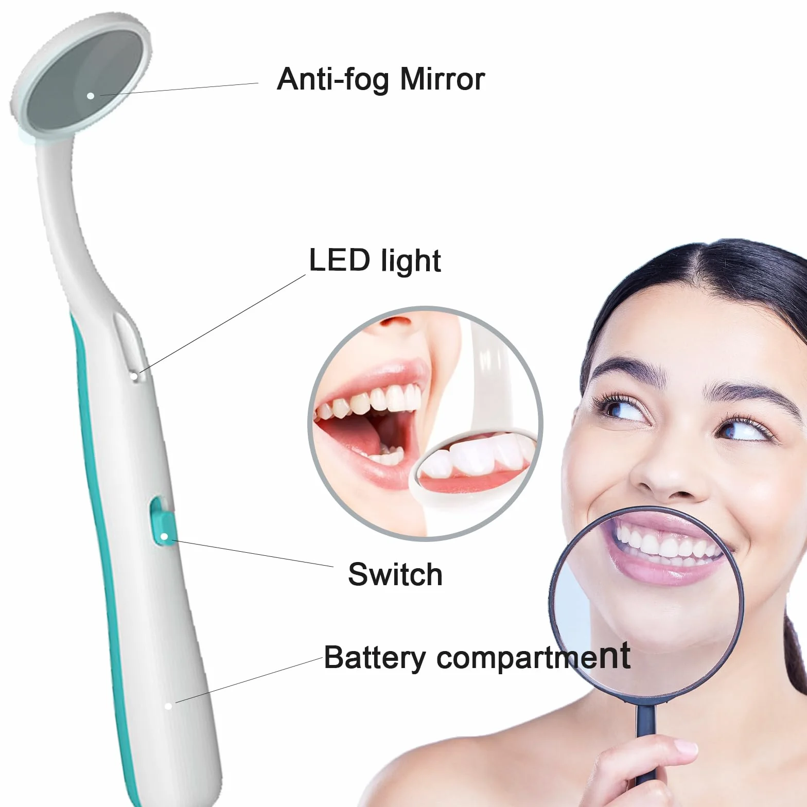 Espejos dentales con luz antivaho 15cm, herramienta de cuidado bucal, paquete de 2, azul y verde