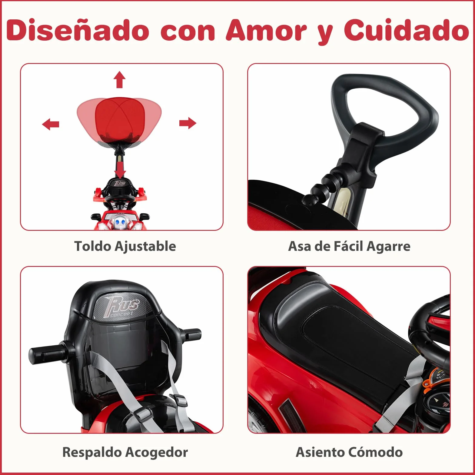 COSTWAY Coche Correpasillo 3 en 1 para Niños, Coche Empujable con Manillar, Bocina, Música, Luz y Cinturón de Seguridad, Juguete de Montar con Almacenaje y Manillar Parental (Rojo)