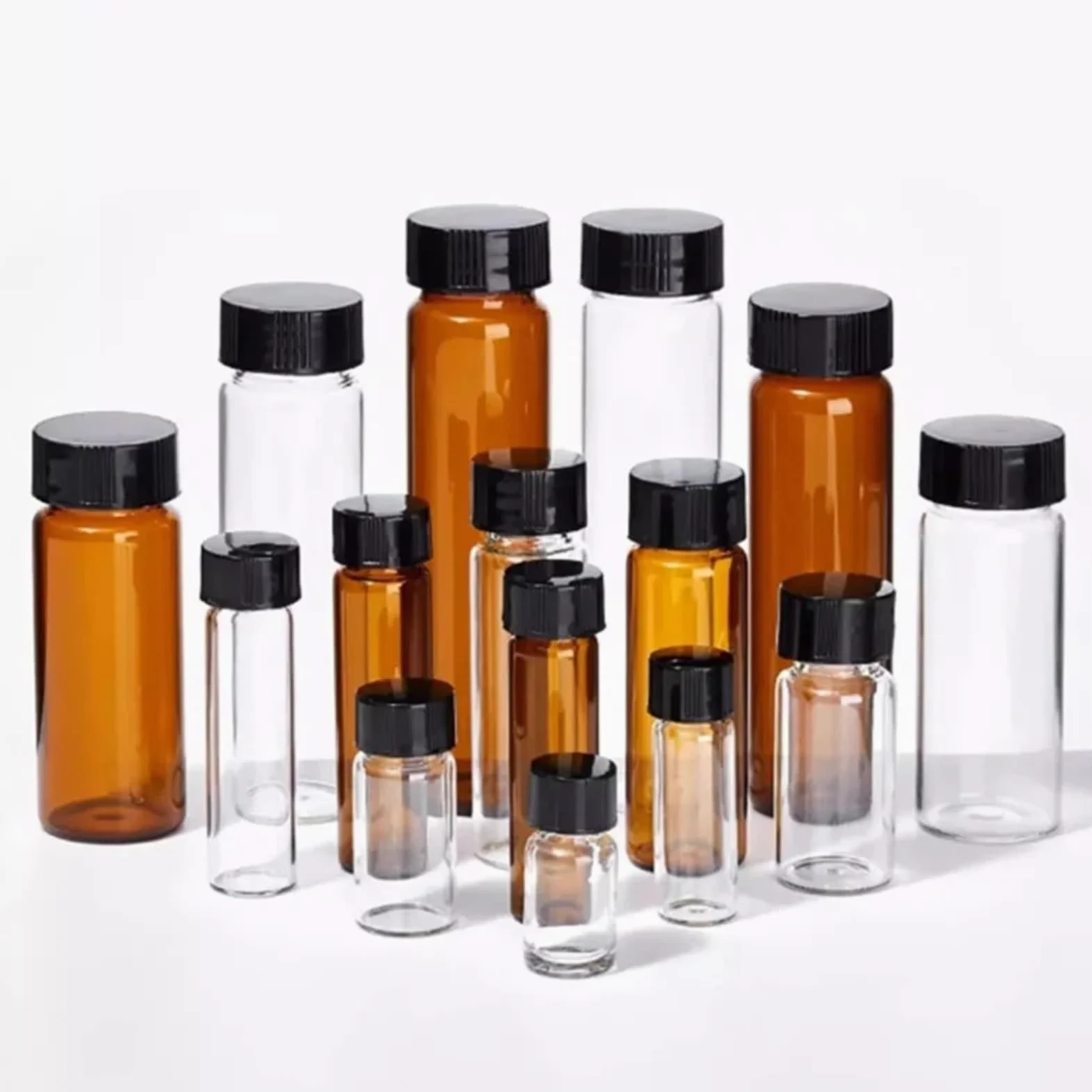 Matraz aforado de borosilicato, Frasco de muestra de vidrio transparente/marrón de 3 ml a 50 ml, viales de reactivo con tapón de rosca de plástico y almohadilla de PE, matraz pequeño de laboratorio fo