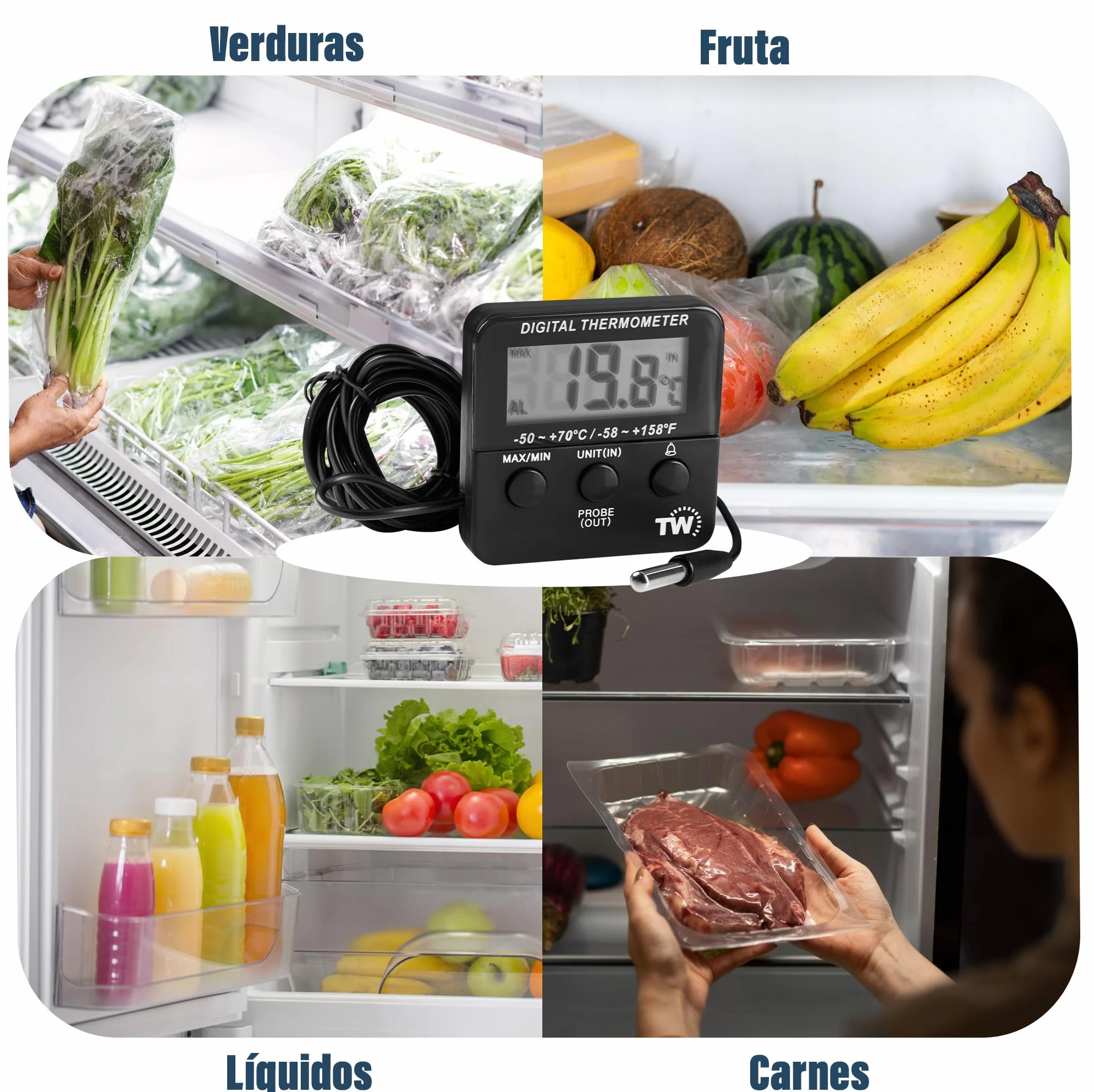 Termómetro Digital para Refrigerador con Alarma de Temperatura Máxima y Mínima