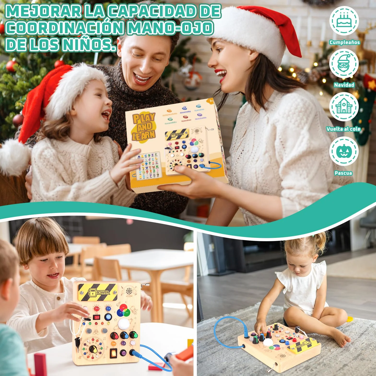 Konijiwa Busy Board Montessori 12 interruptores 24 Luces LED Juguete Aprendizaje Sensorial Madera 1 2 3 años